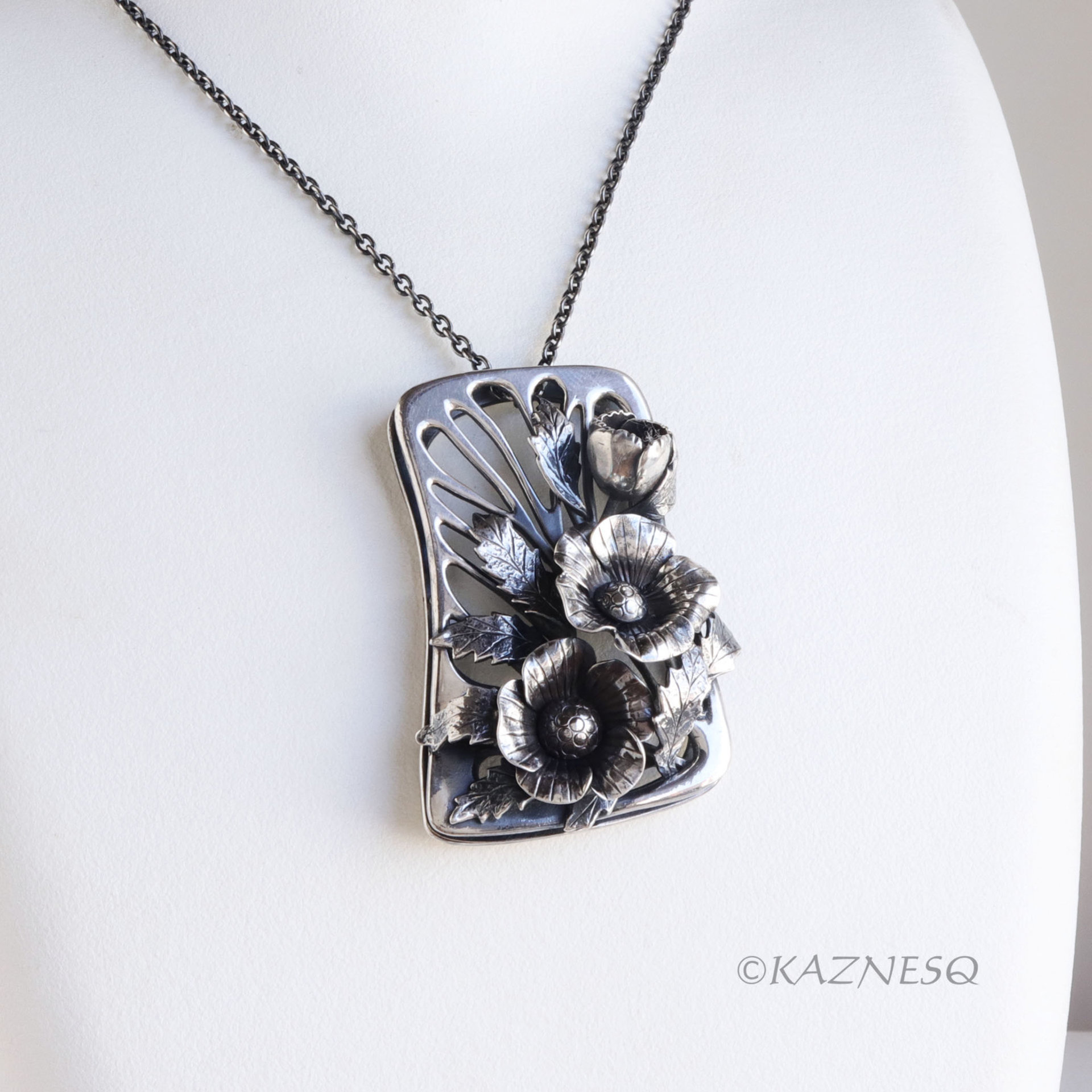 Art Nouveau Oxidized Silver Poppy Necklace - Hand-Fabricated Botanical Statement Pendant