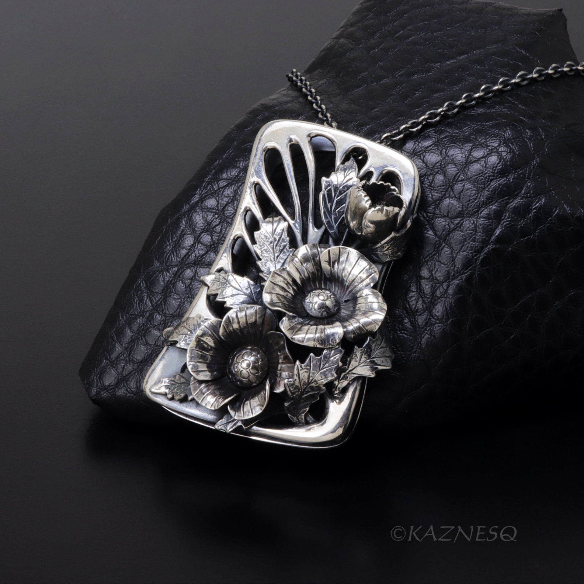 Art Nouveau Oxidized Silver Poppy Necklace - Hand-Fabricated Botanical Statement Pendant