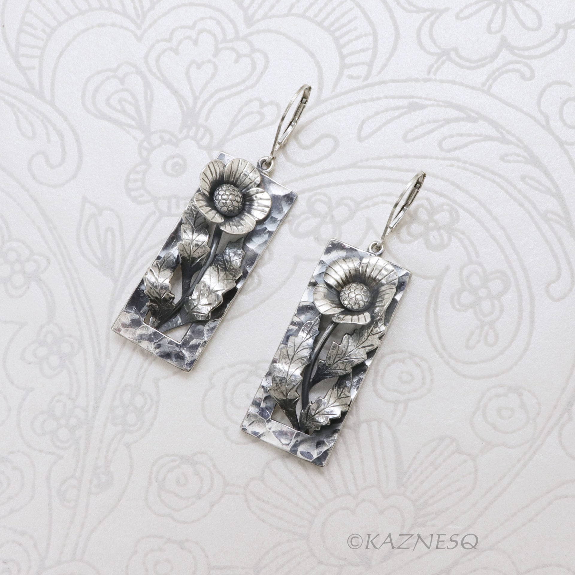 Sterling Silver Art Nouveau Poppy Earrings - Oxidized Floral Dangle Earrings with Leverback Hooks