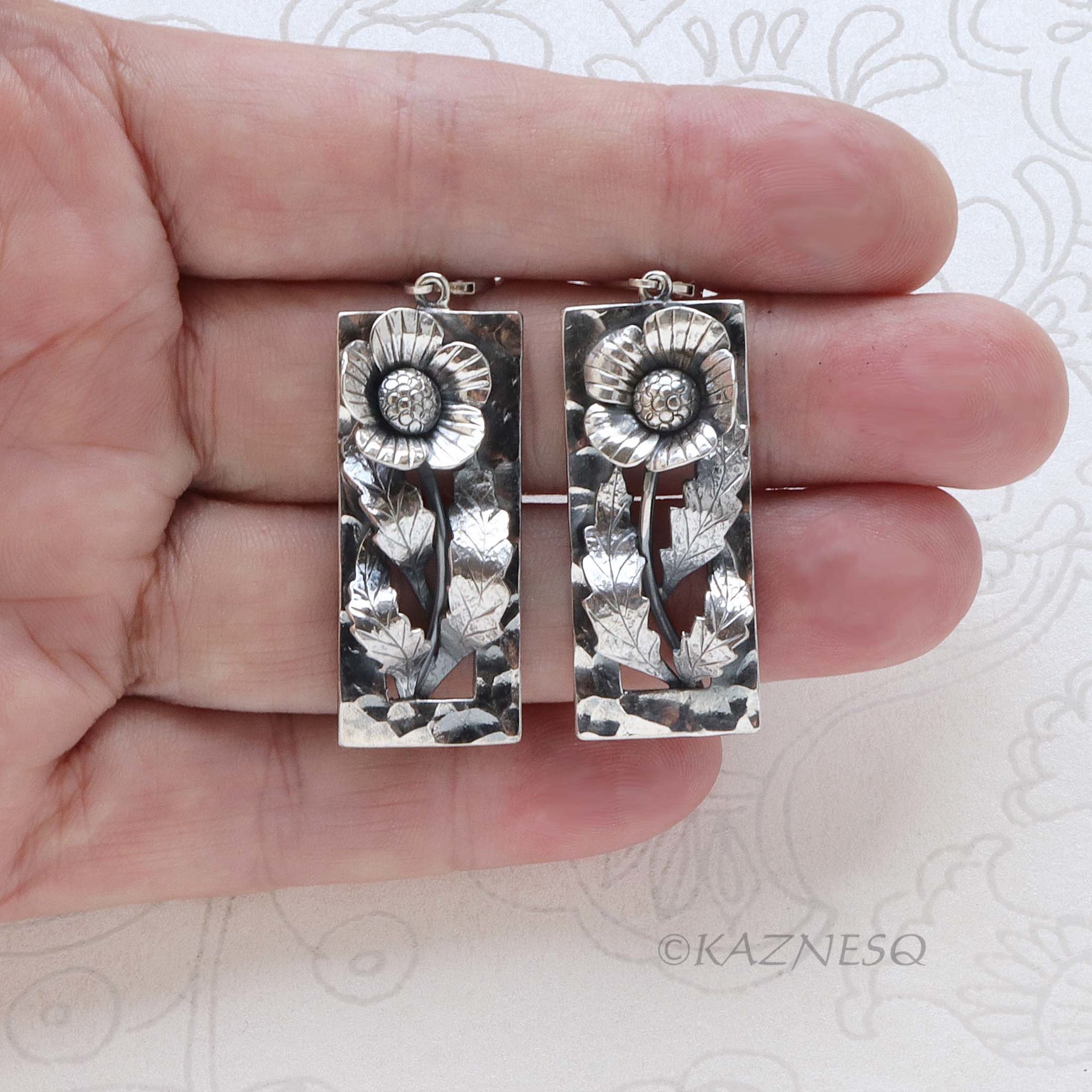 Sterling Silver Art Nouveau Poppy Earrings - Oxidized Floral Dangle Earrings with Leverback Hooks