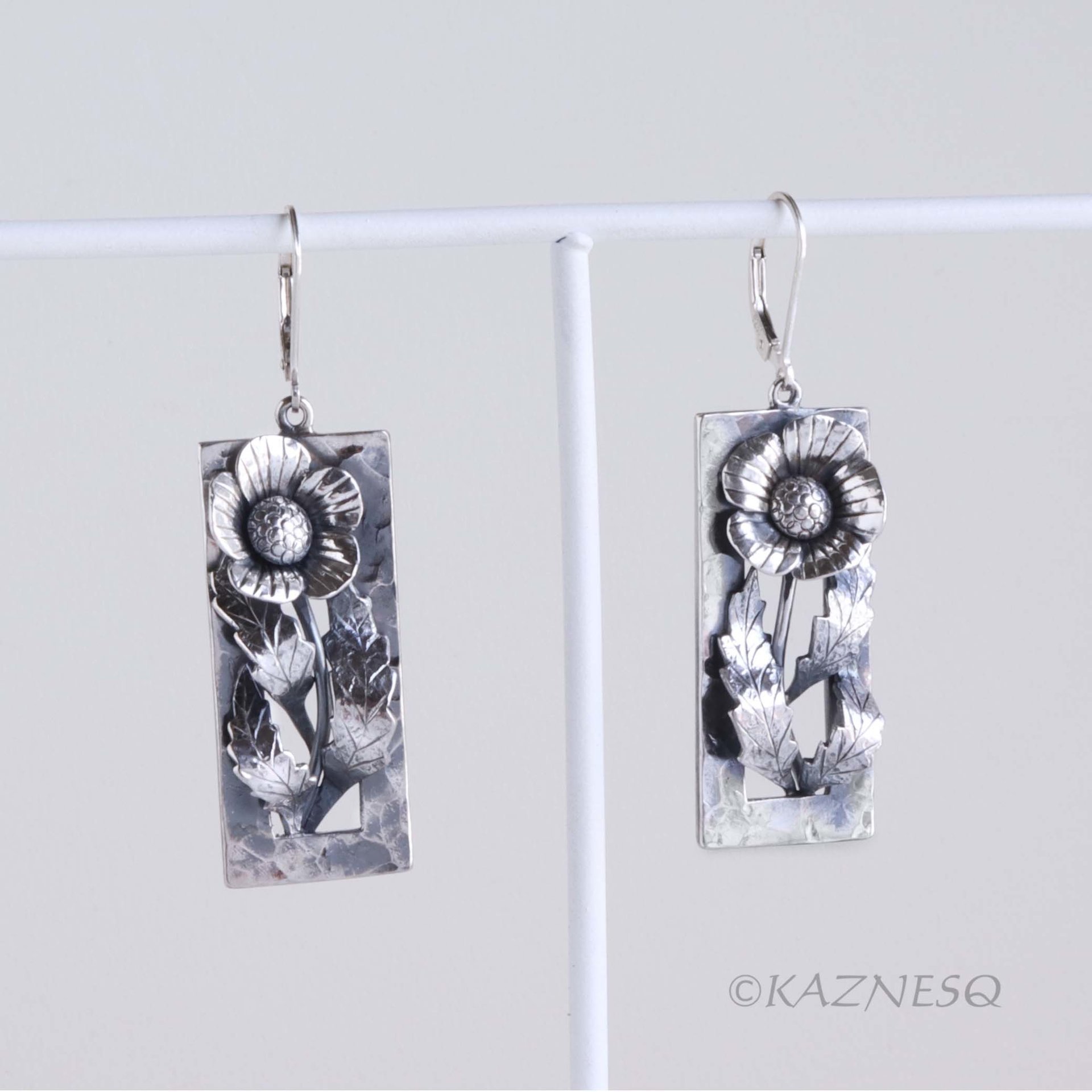 Sterling Silver Art Nouveau Poppy Earrings - Oxidized Floral Dangle Earrings with Leverback Hooks