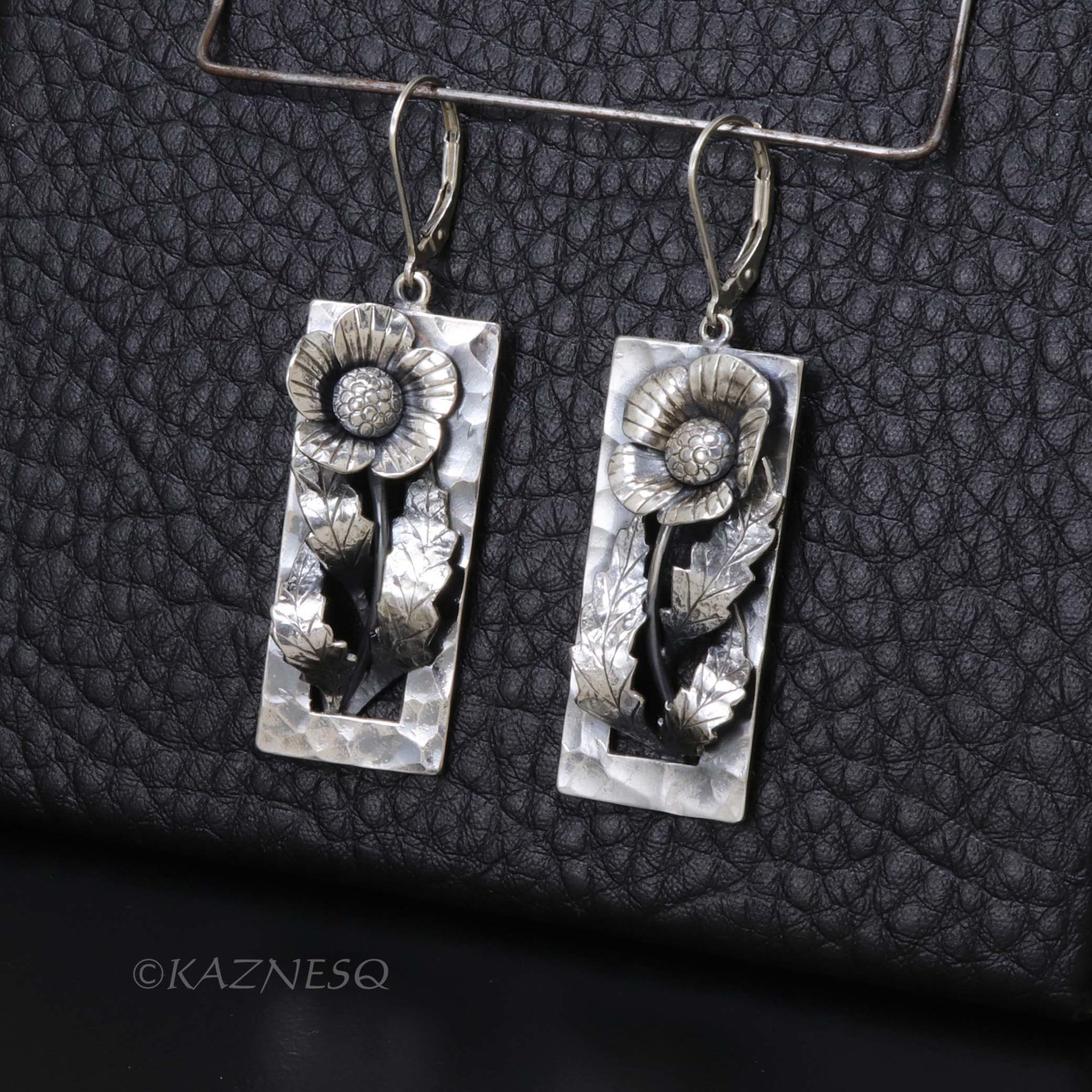 Sterling Silver Art Nouveau Poppy Earrings - Oxidized Floral Dangle Earrings with Leverback Hooks