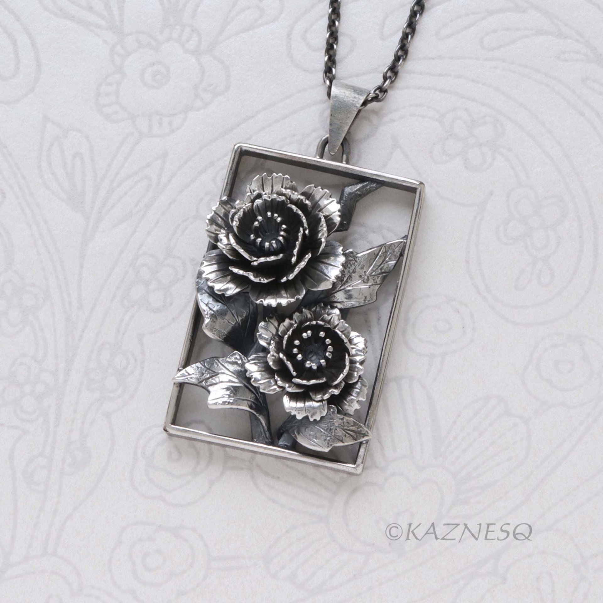Dimensional Peony Flower Pendant - Oxidized Sterling Silver