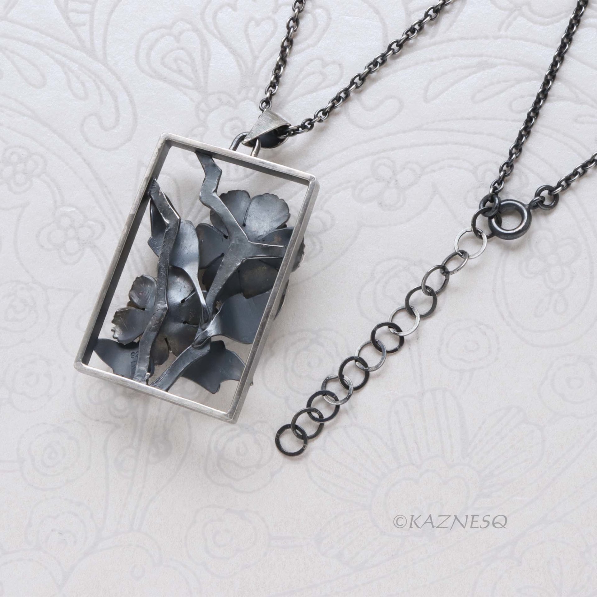 Dimensional Peony Flower Pendant - Oxidized Sterling Silver