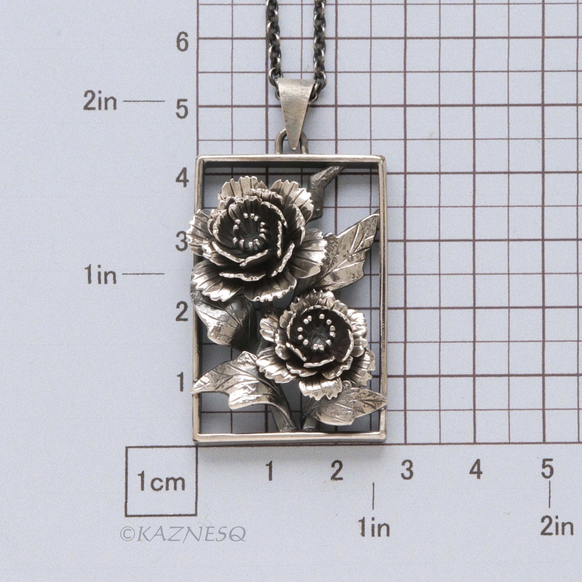 Dimensional Peony Flower Pendant - Oxidized Sterling Silver
