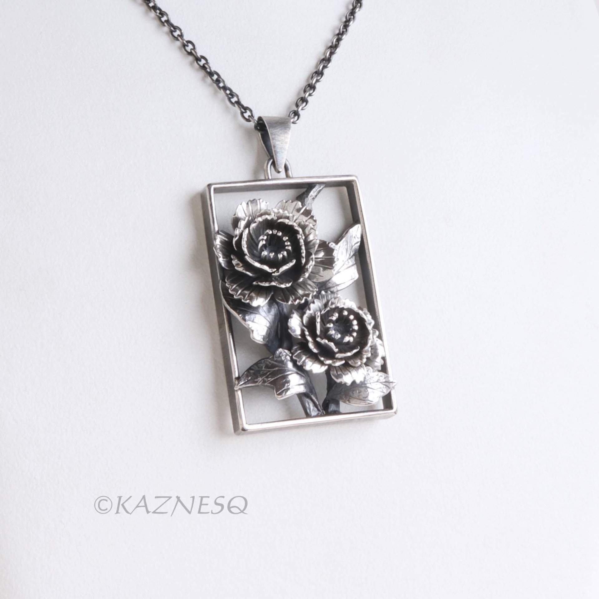 Dimensional Peony Flower Pendant - Oxidized Sterling Silver