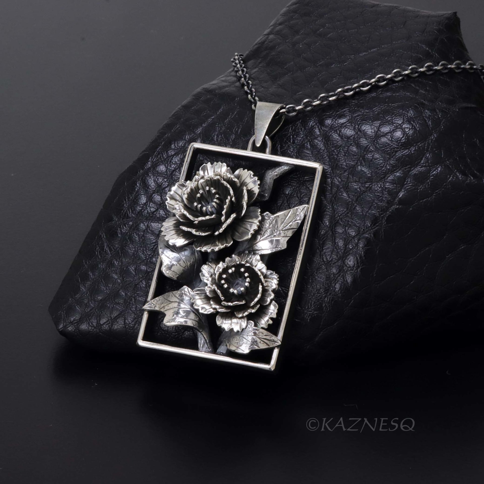 Dimensional Peony Flower Pendant - Oxidized Sterling Silver