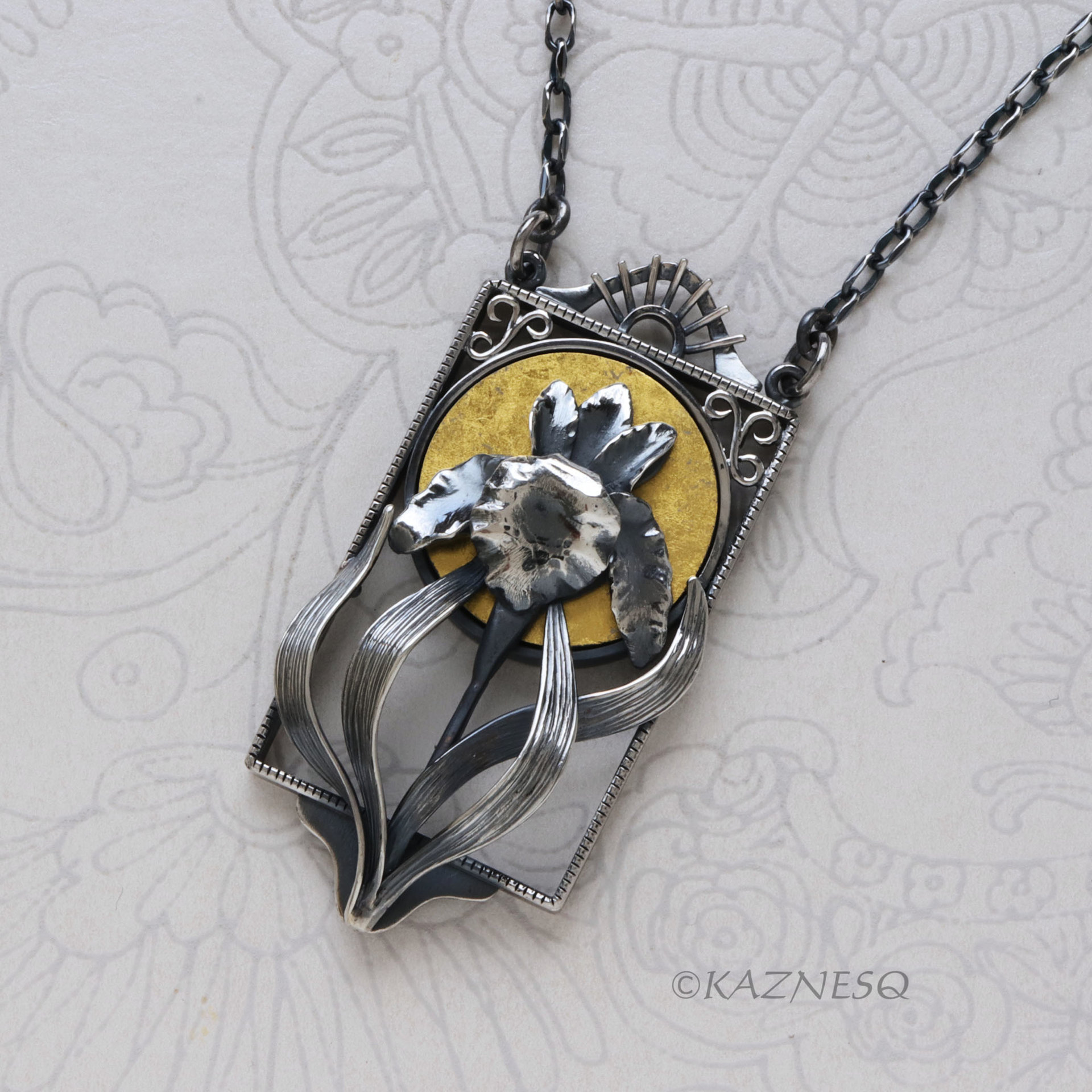 Art Nouveau Silver Iris Pendant - Handcrafted Oxidized Silver Flower with Gold Moon - Botanical Necklace