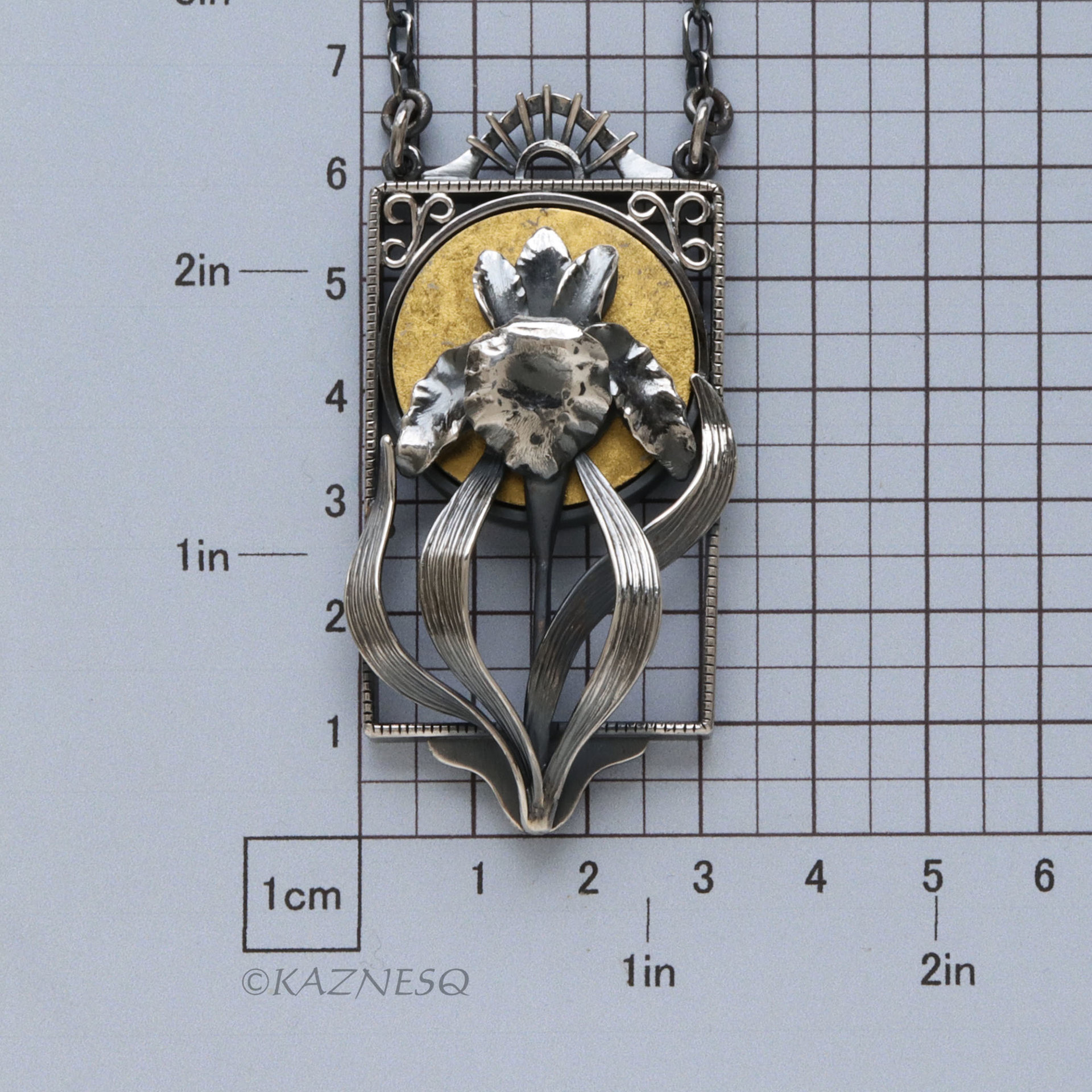 Art Nouveau Silver Iris Pendant - Handcrafted Oxidized Silver Flower with Gold Moon - Botanical Necklace