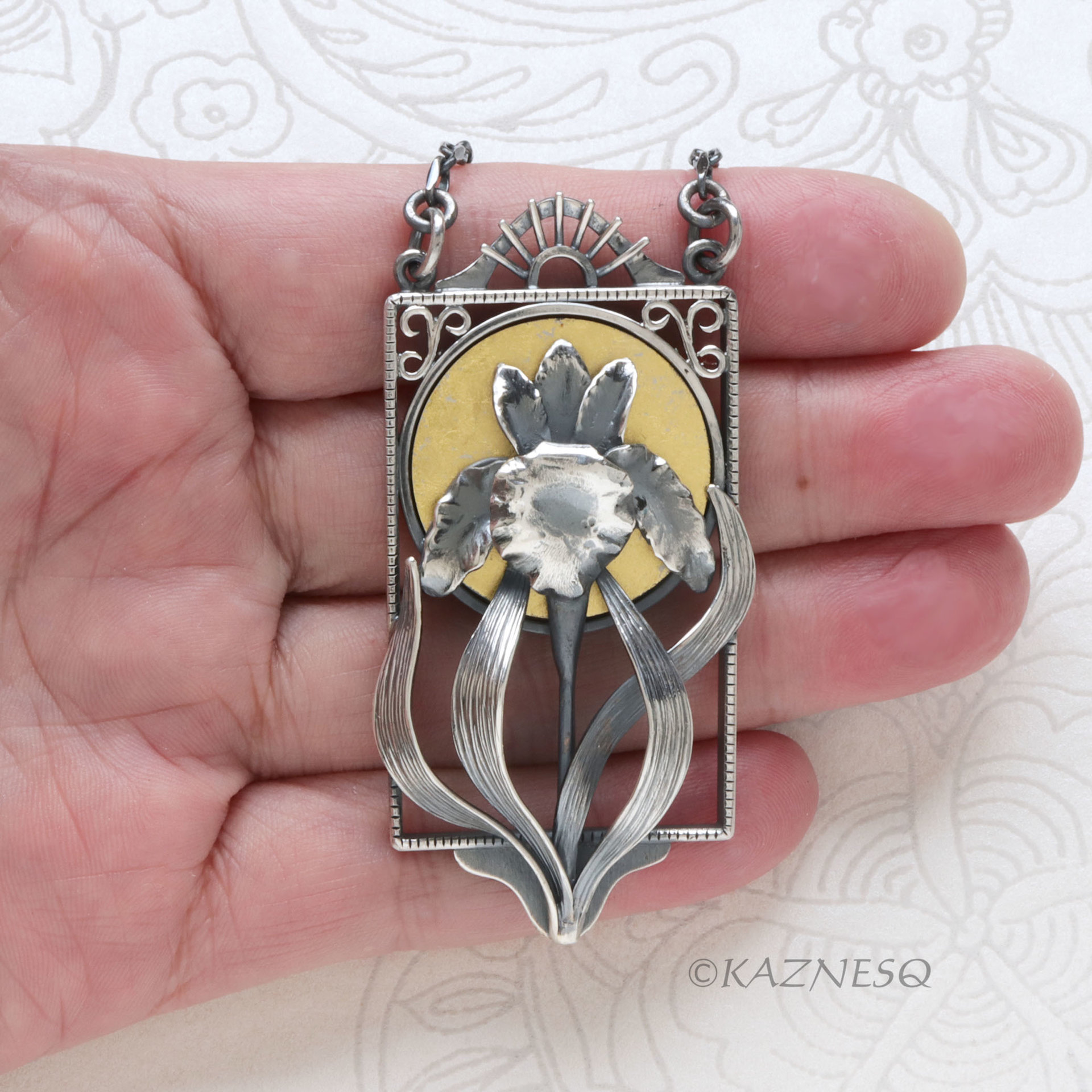 Art Nouveau Silver Iris Pendant - Handcrafted Oxidized Silver Flower with Gold Moon - Botanical Necklace