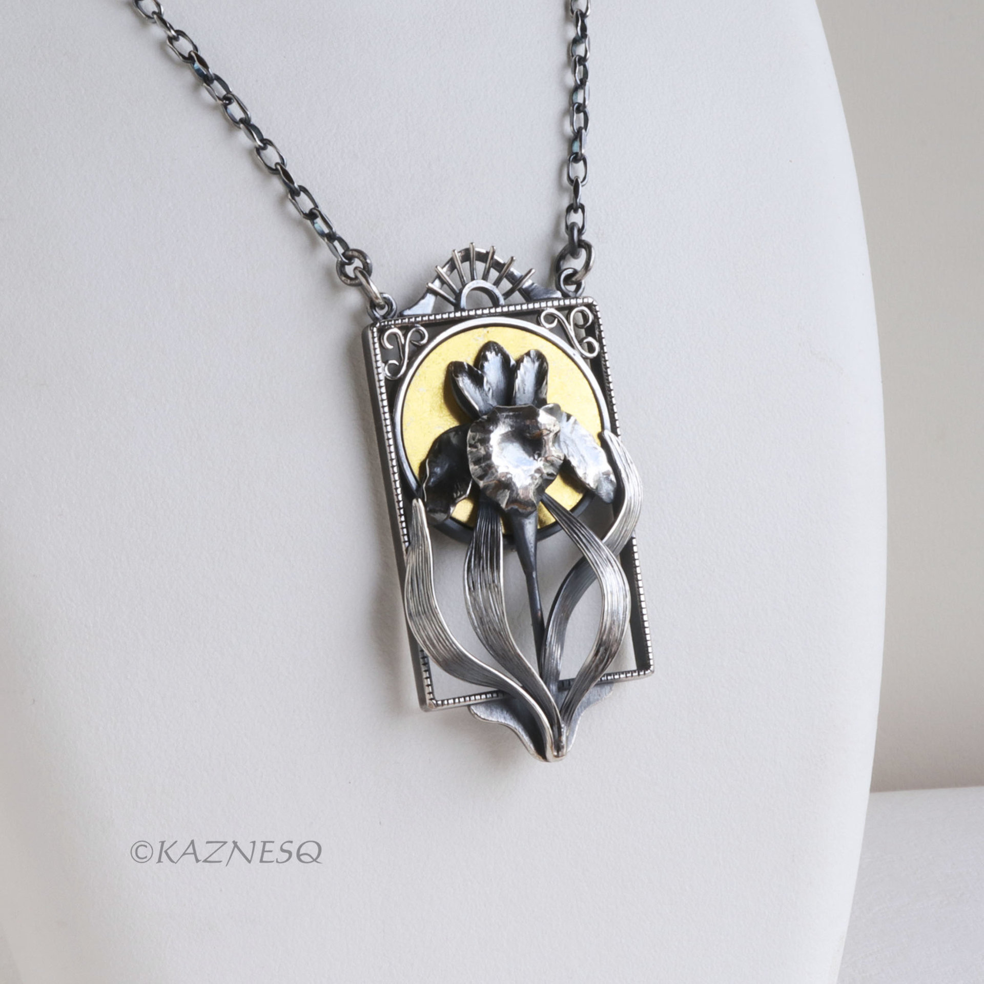 Art Nouveau Silver Iris Pendant - Handcrafted Oxidized Silver Flower with Gold Moon - Botanical Necklace