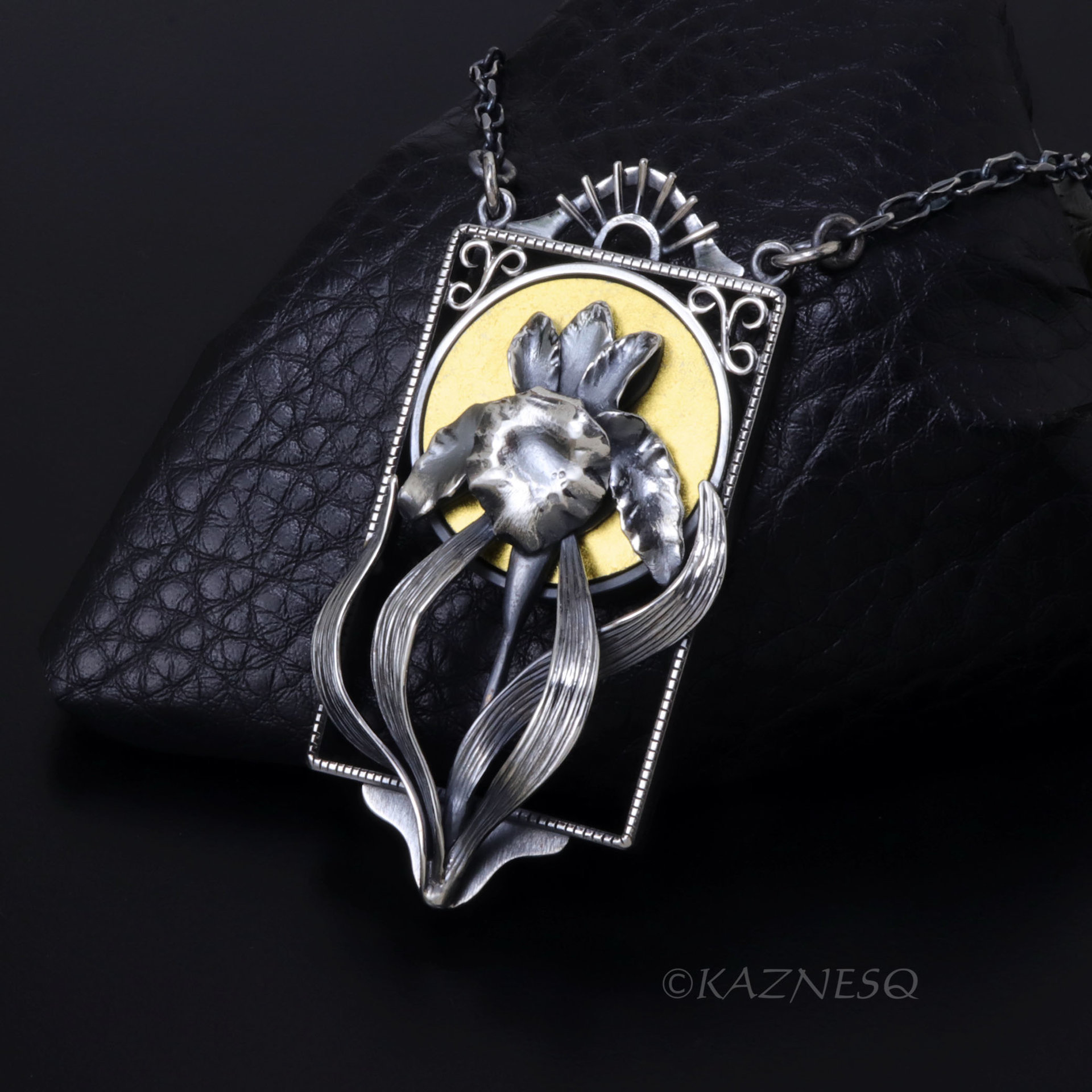Art Nouveau Silver Iris Pendant - Handcrafted Oxidized Silver Flower with Gold Moon - Botanical Necklace
