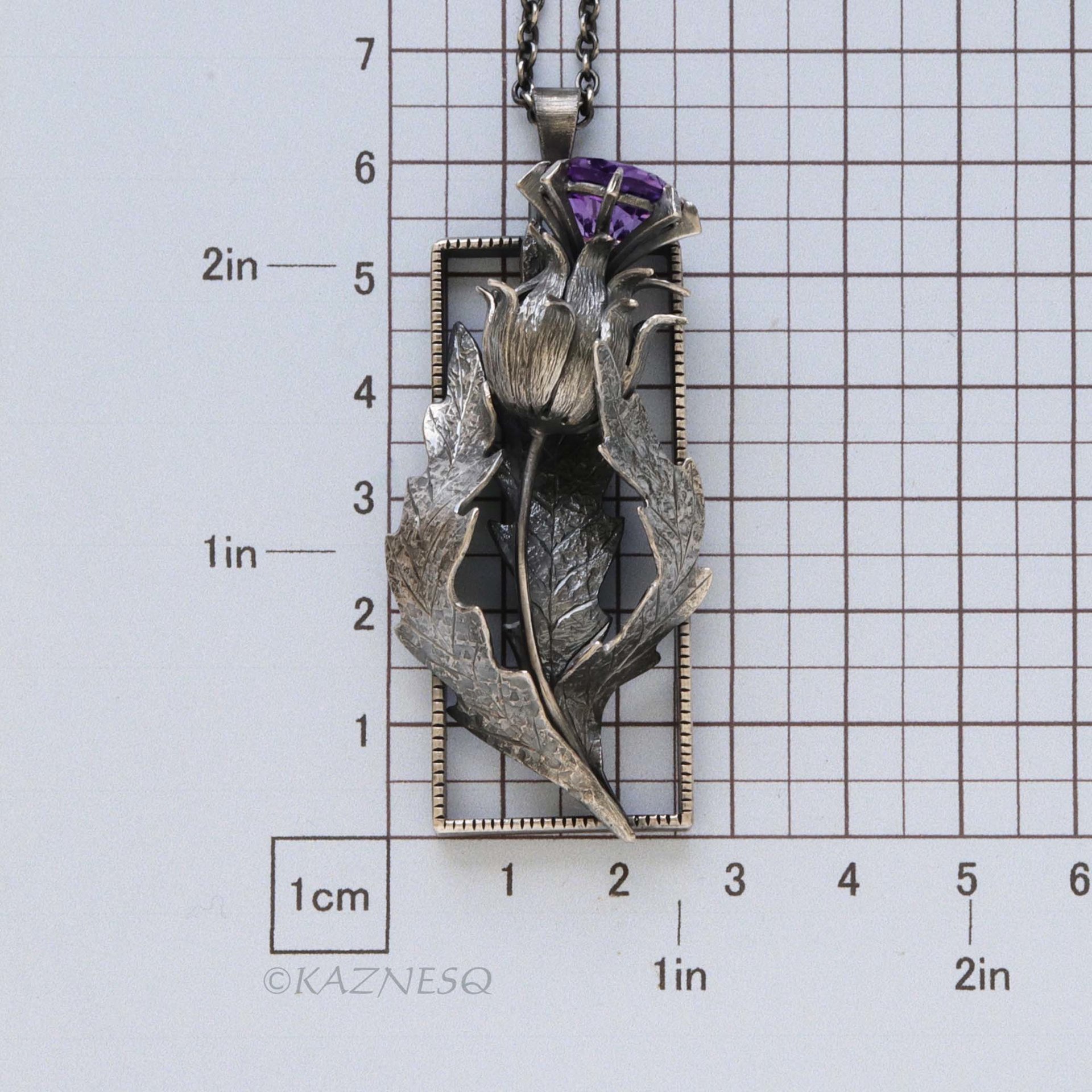 Dimensional Scottish Thistle Pendant - Oxidized Sterling Silver with Amethyst