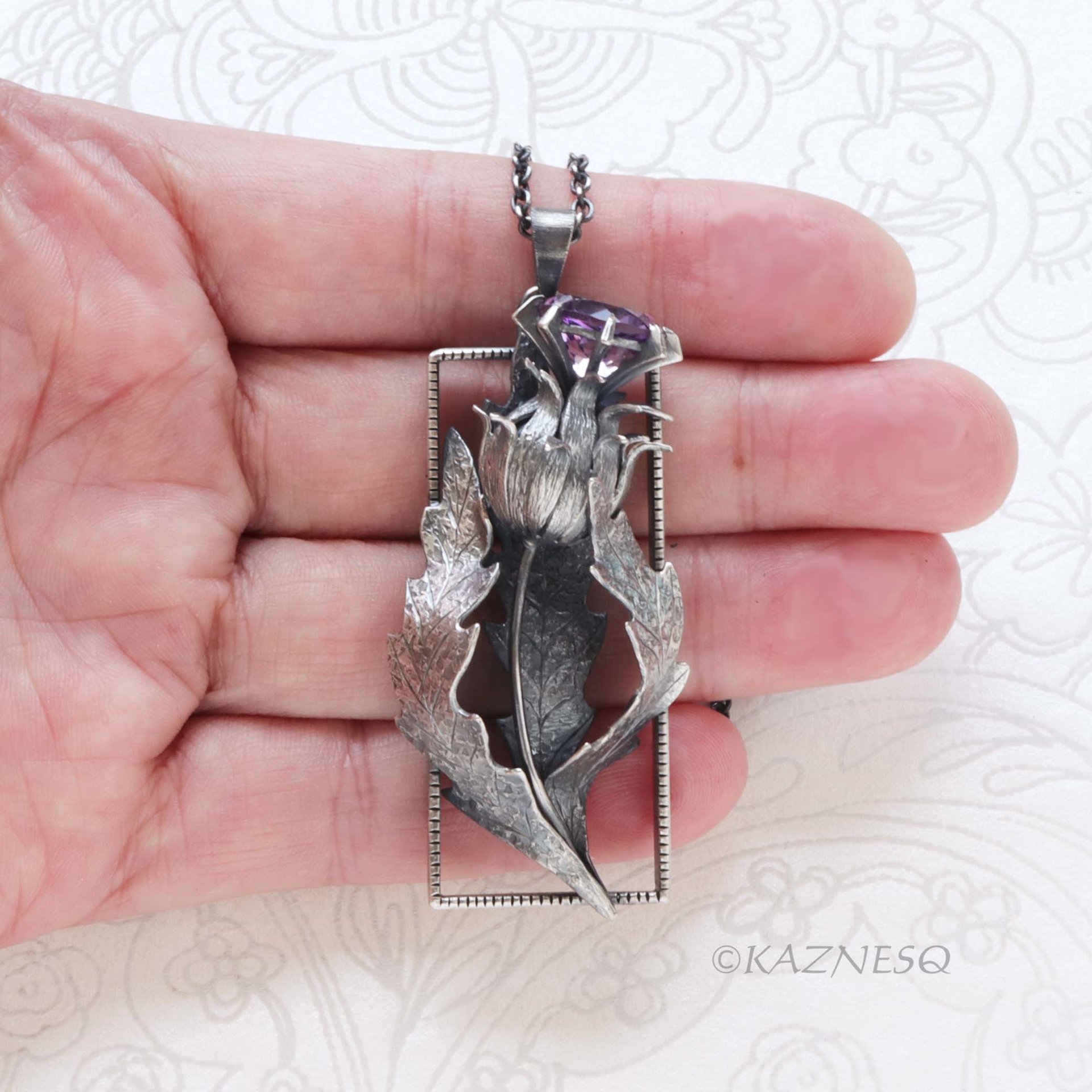 Dimensional Scottish Thistle Pendant - Oxidized Sterling Silver with Amethyst