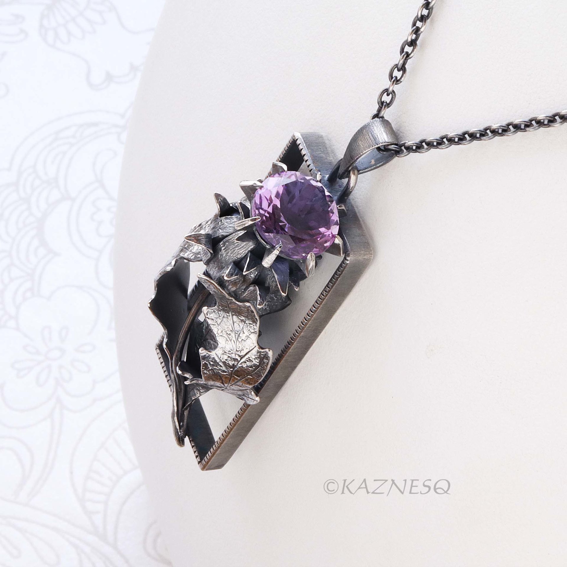 Dimensional Scottish Thistle Pendant - Oxidized Sterling Silver with Amethyst