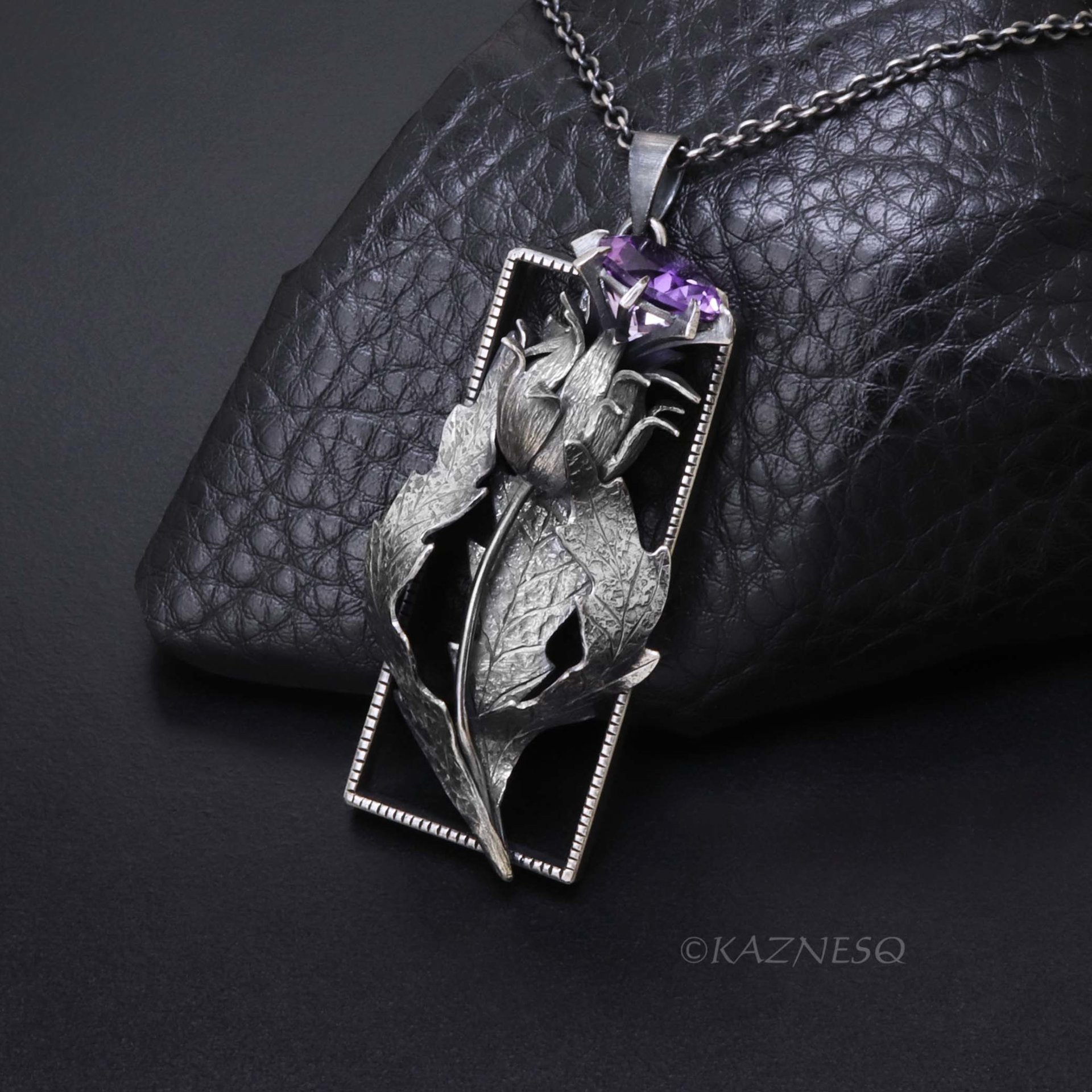Dimensional Scottish Thistle Pendant - Oxidized Sterling Silver with Amethyst