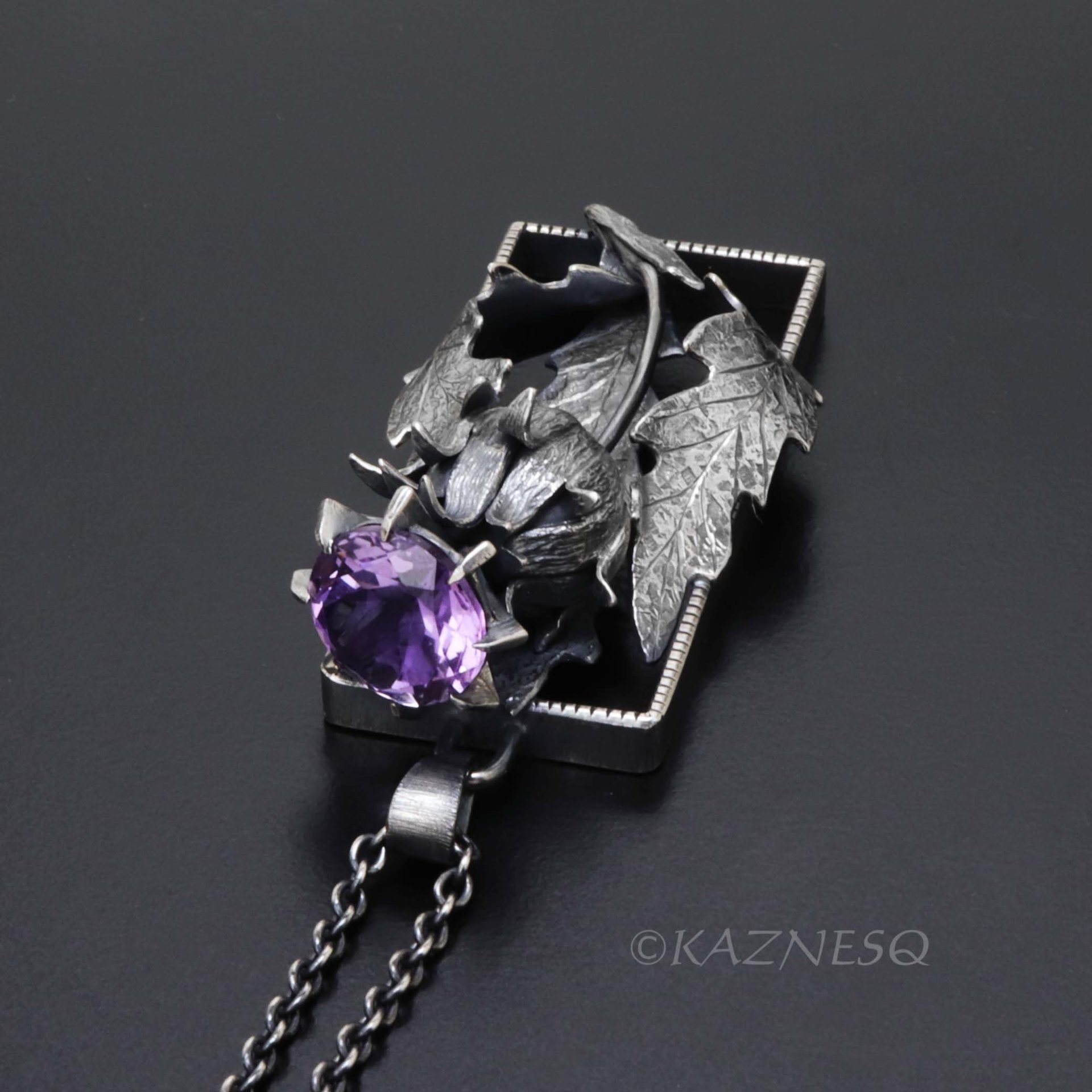 Dimensional Scottish Thistle Pendant - Oxidized Sterling Silver with Amethyst