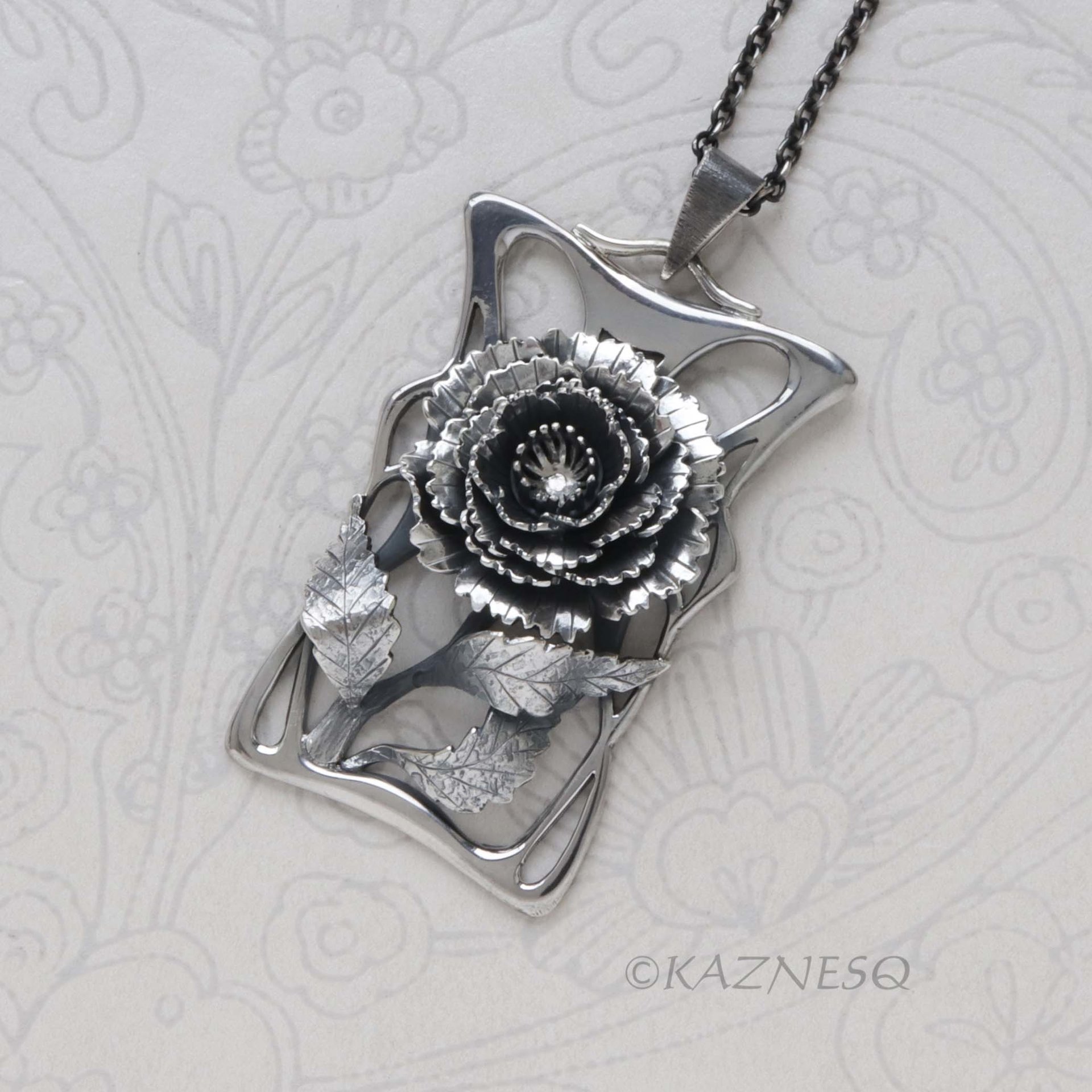 Handcrafted Art Nouveau Peony Pendant - Oxidized Sterling Silver Floral Necklace