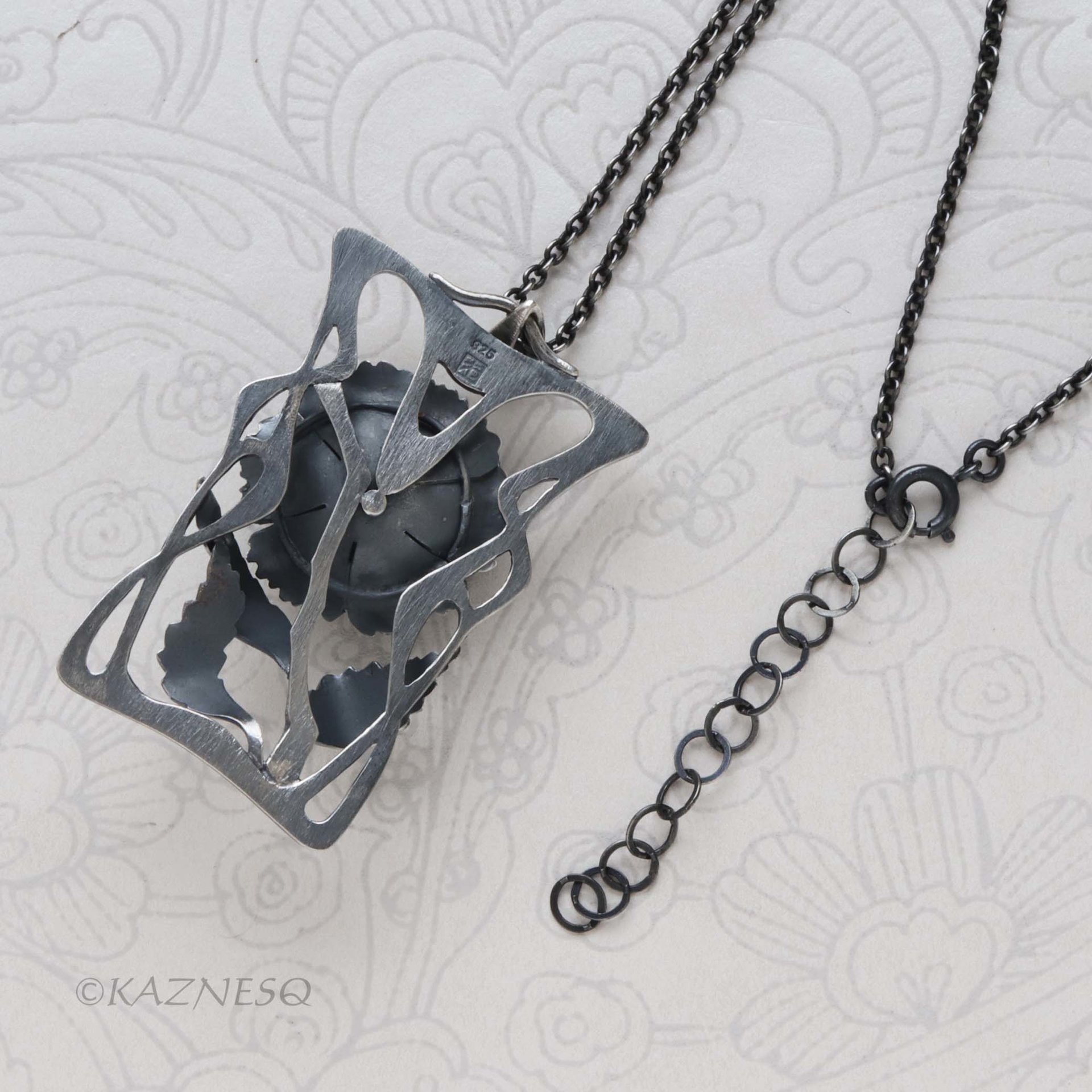 Handcrafted Art Nouveau Peony Pendant - Oxidized Sterling Silver Floral Necklace