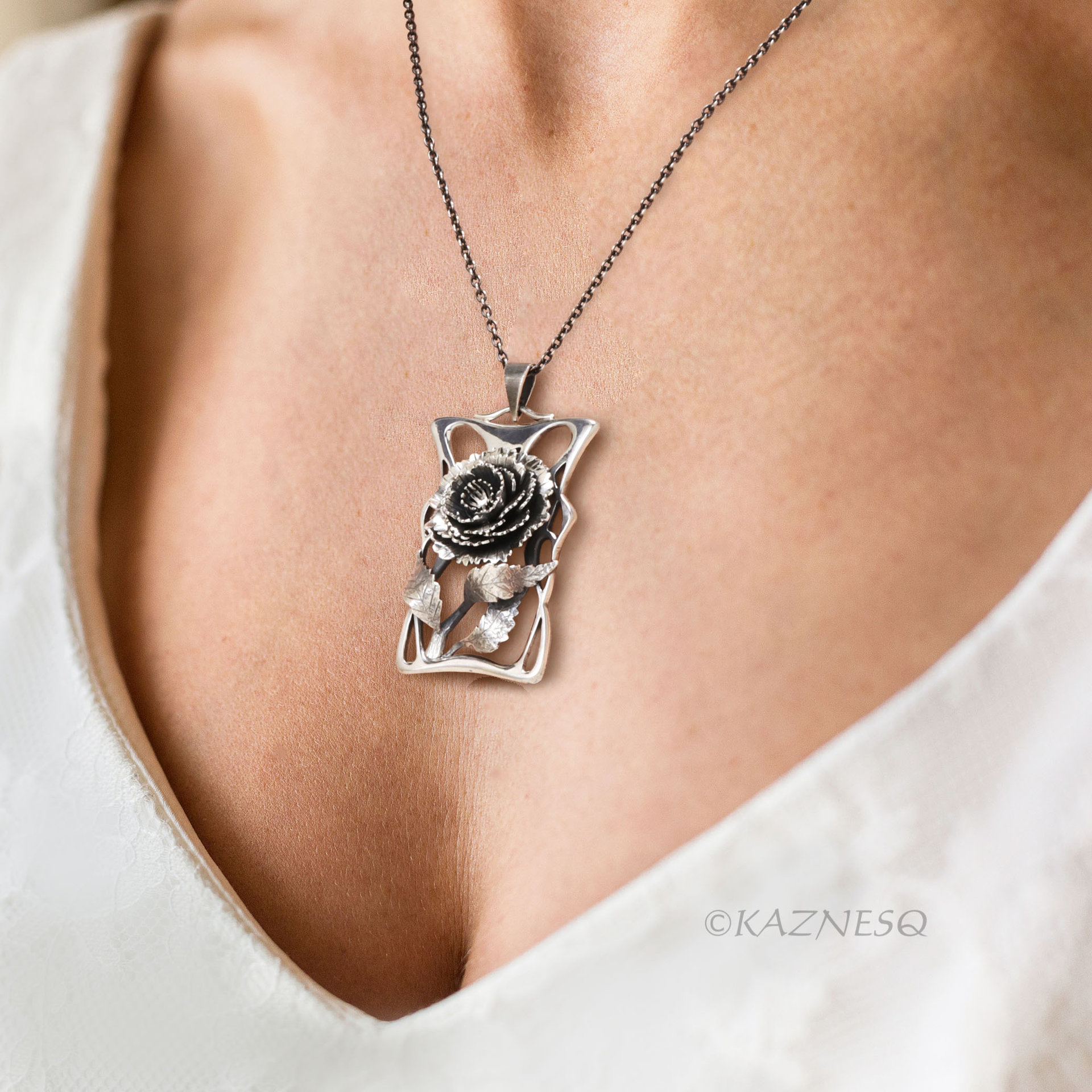 Handcrafted Art Nouveau Peony Pendant - Oxidized Sterling Silver Floral Necklace