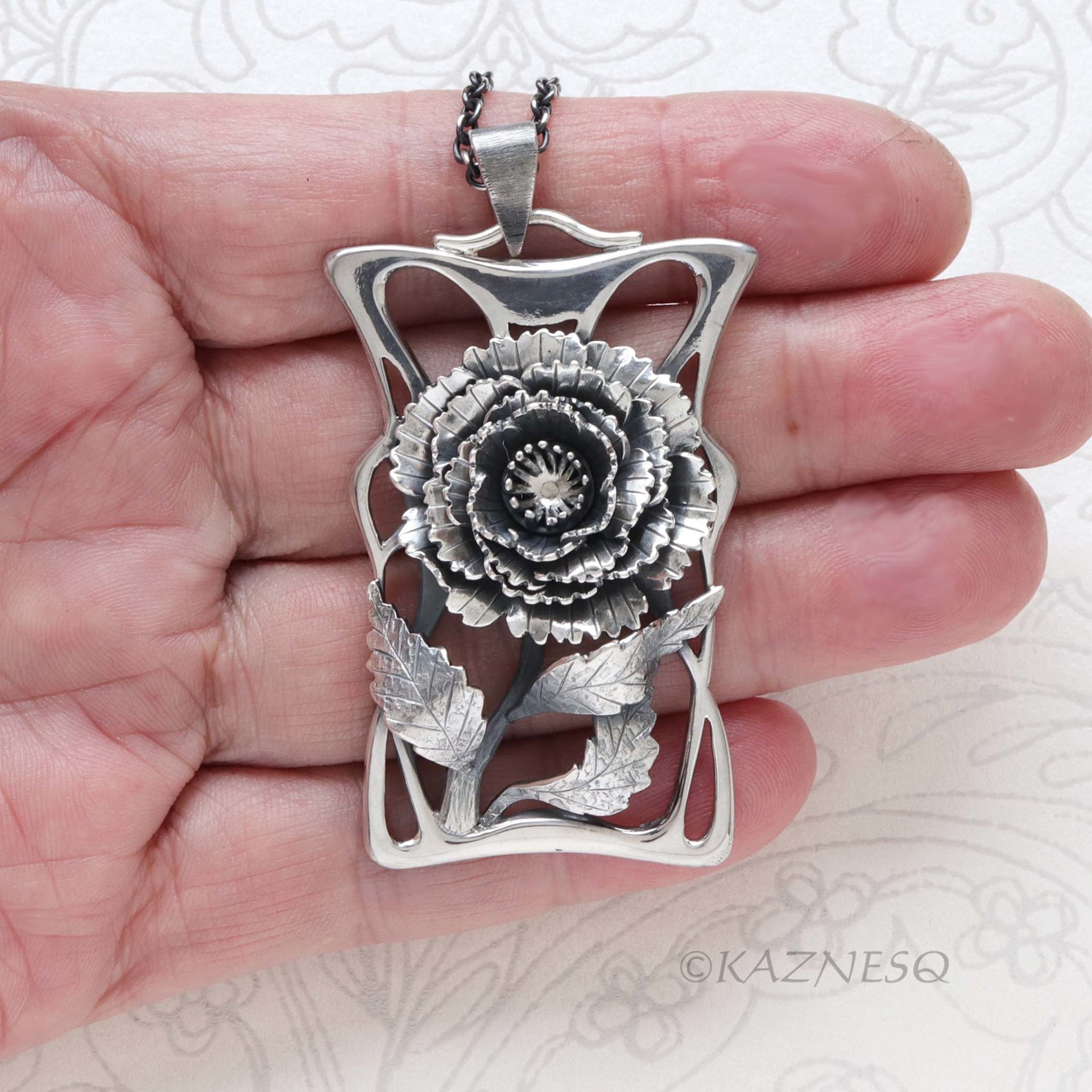 Handcrafted Art Nouveau Peony Pendant - Oxidized Sterling Silver Floral Necklace
