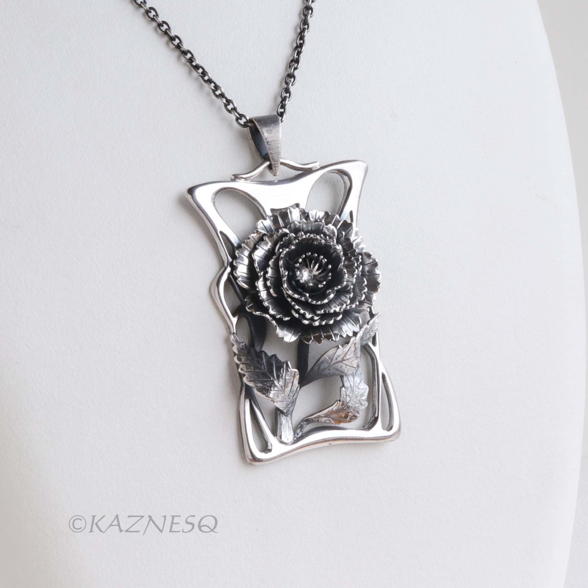 Handcrafted Art Nouveau Peony Pendant - Oxidized Sterling Silver Floral Necklace