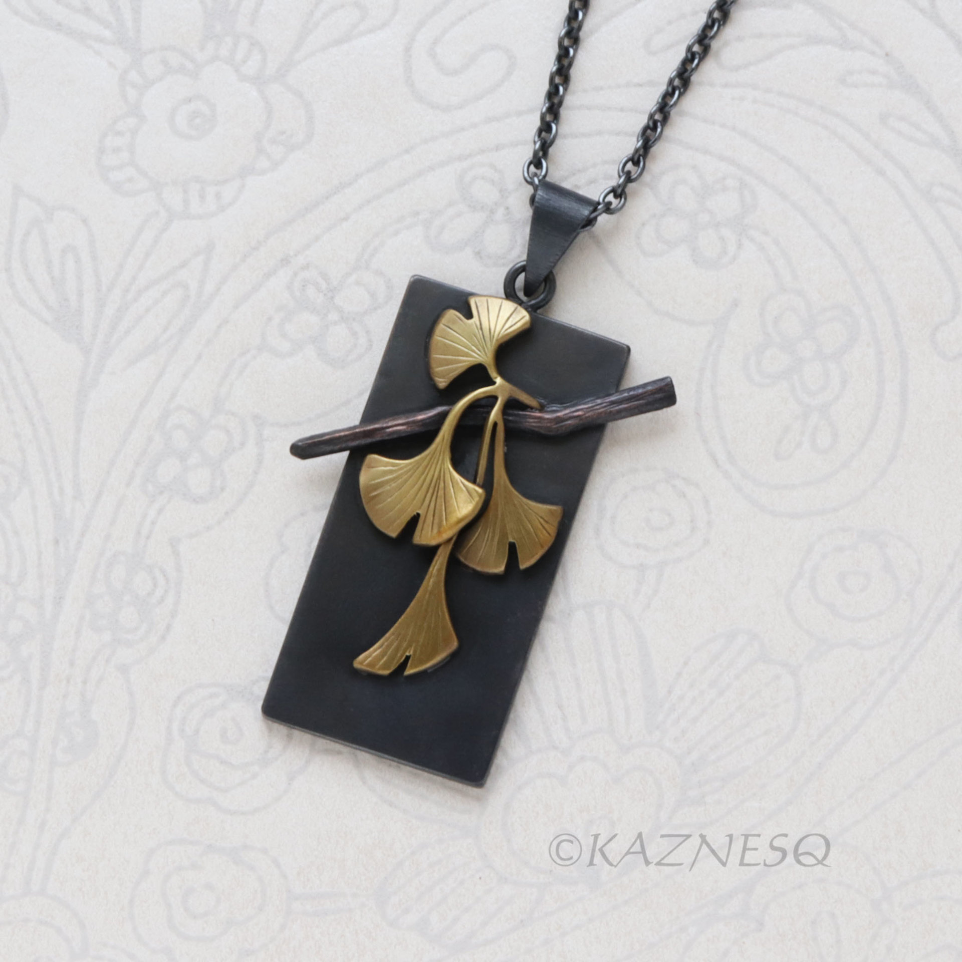 Wabi-Sabi Ginkgo Necklace - Japanese design of Brass & Oxidized Silver