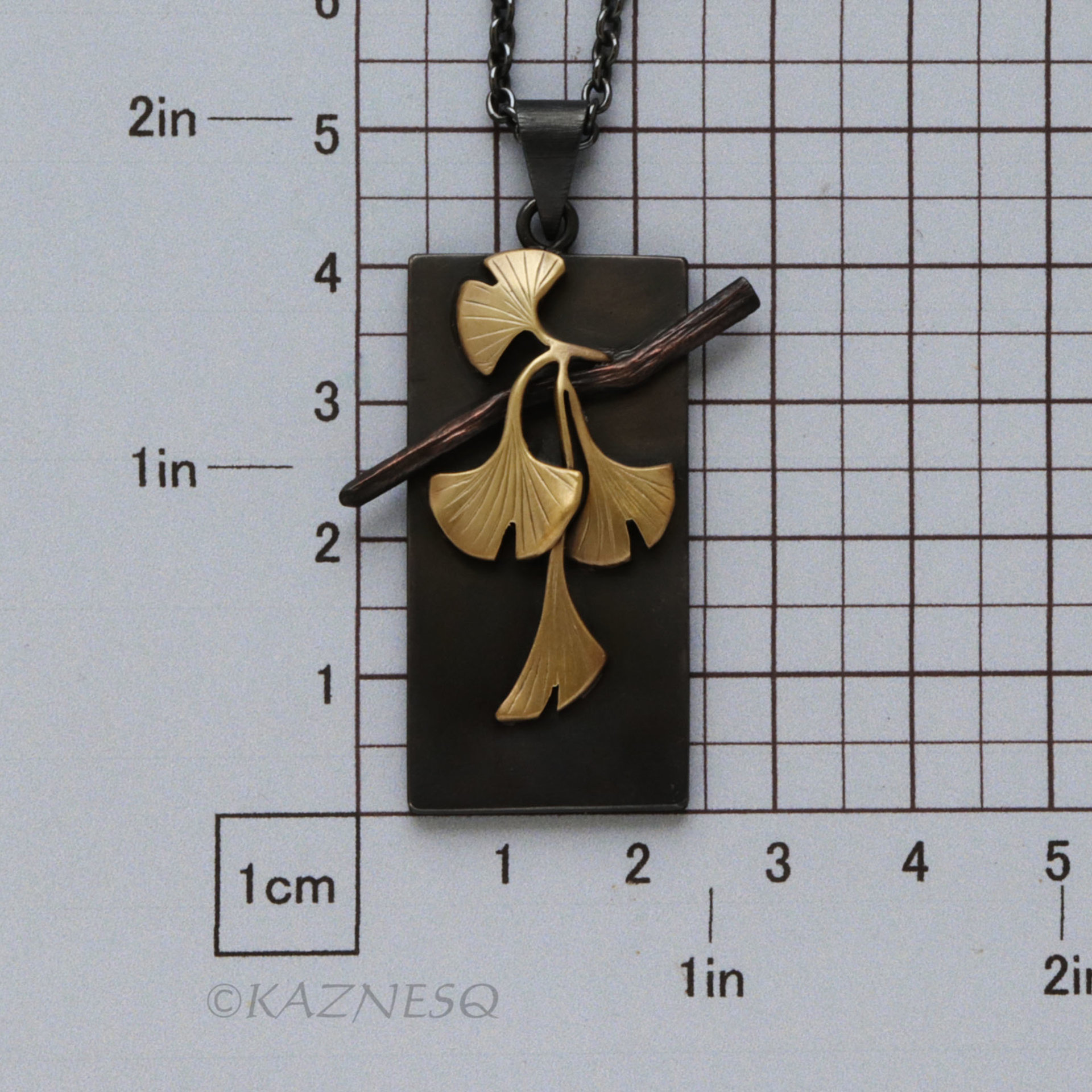Wabi-Sabi Ginkgo Necklace - Japanese design of Brass & Oxidized Silver