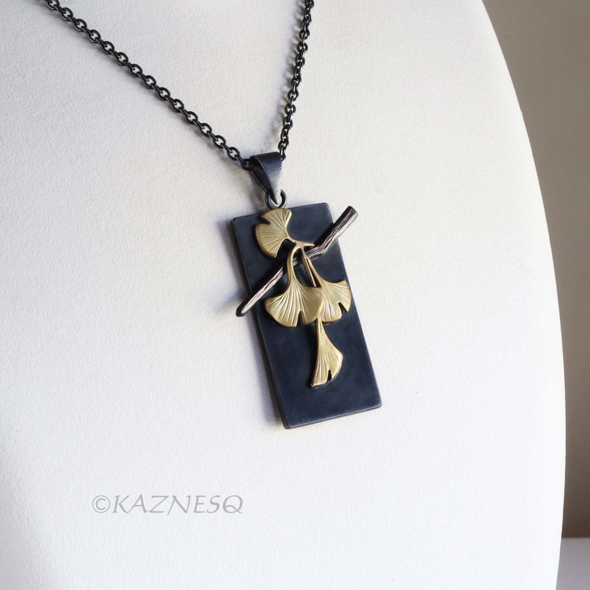Wabi-Sabi Ginkgo Necklace - Japanese design of Brass & Oxidized Silver