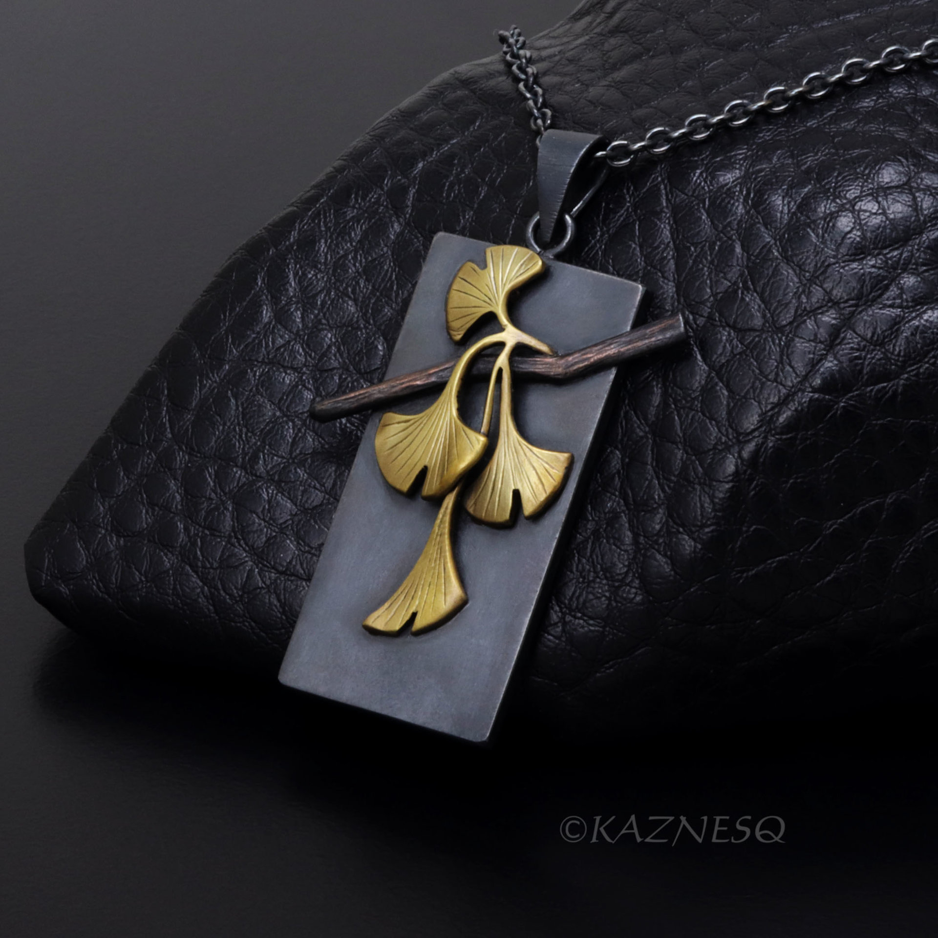 Wabi-Sabi Ginkgo Necklace - Japanese design of Brass & Oxidized Silver
