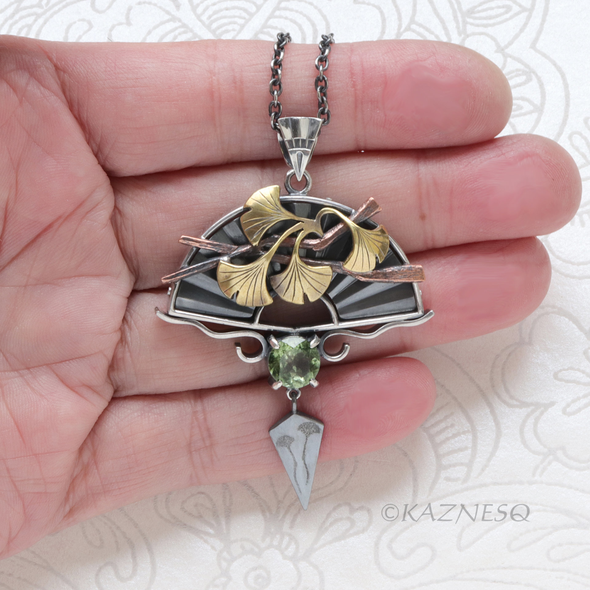Japanese Garden Inspired Pendant - Oxidized Silver, Brass Ginkgo & Tourmaline Peridot