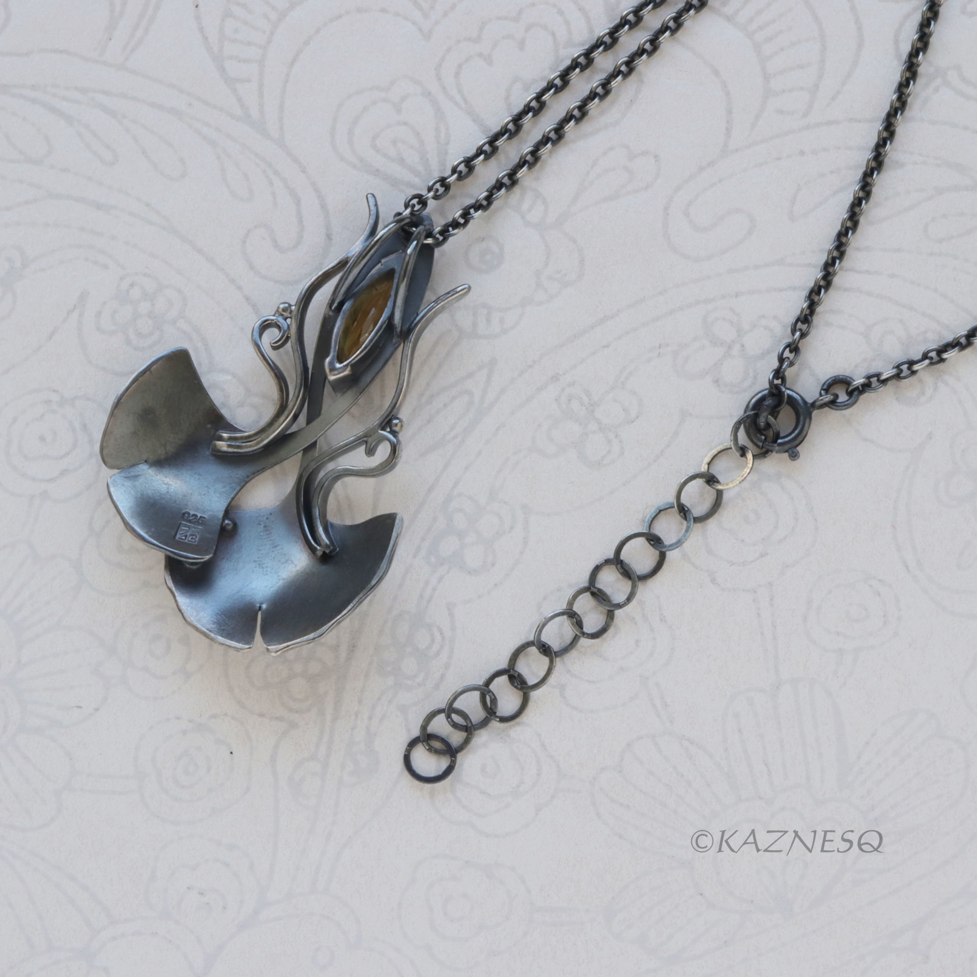 Art Nouveau style Oxidized Silver Ginkgo Pendant with Natural Sphene