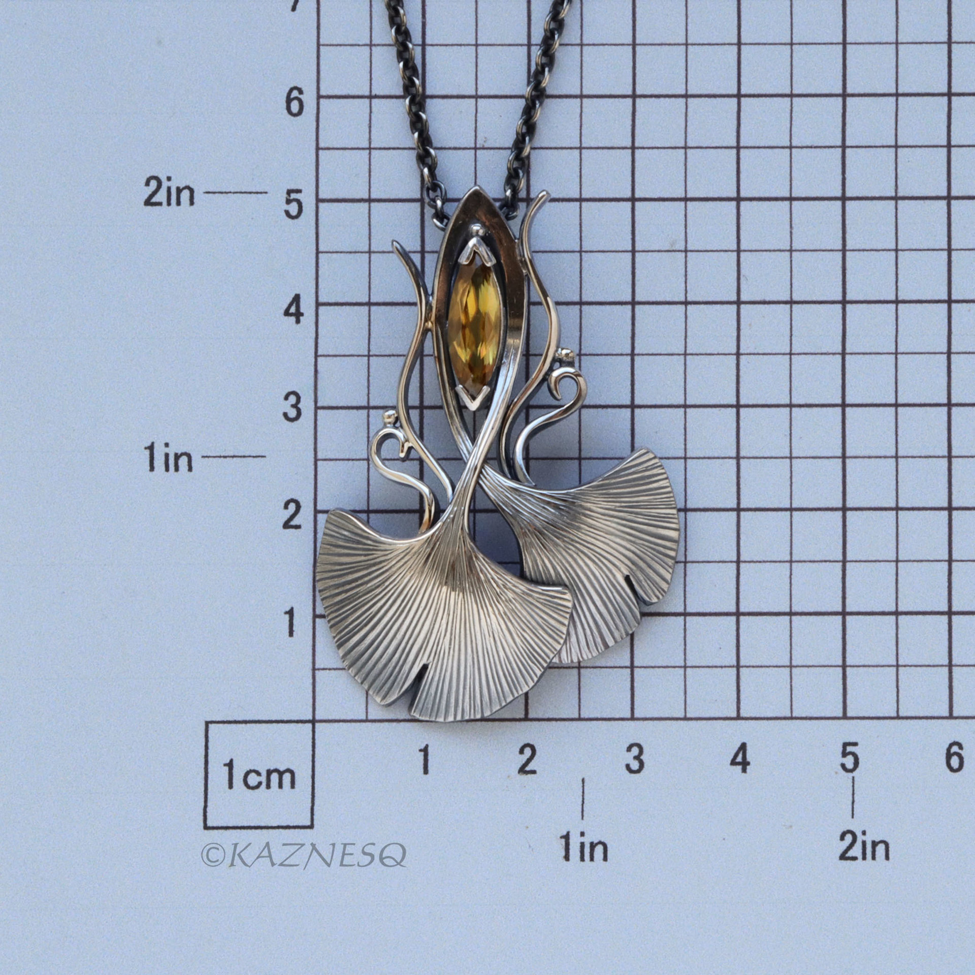 Art Nouveau style Oxidized Silver Ginkgo Pendant with Natural Sphene