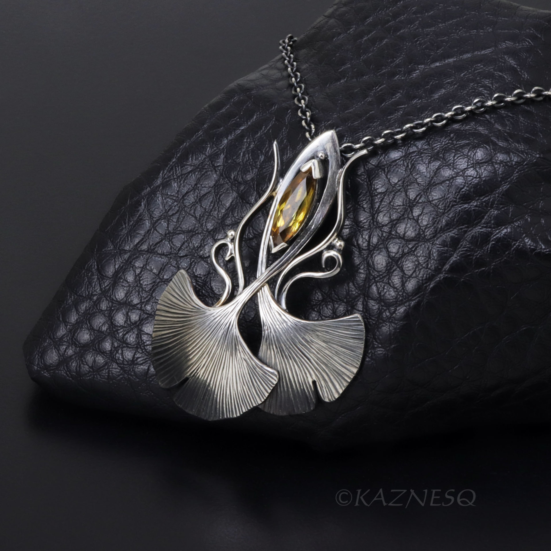 Art Nouveau style Oxidized Silver Ginkgo Pendant with Natural Sphene