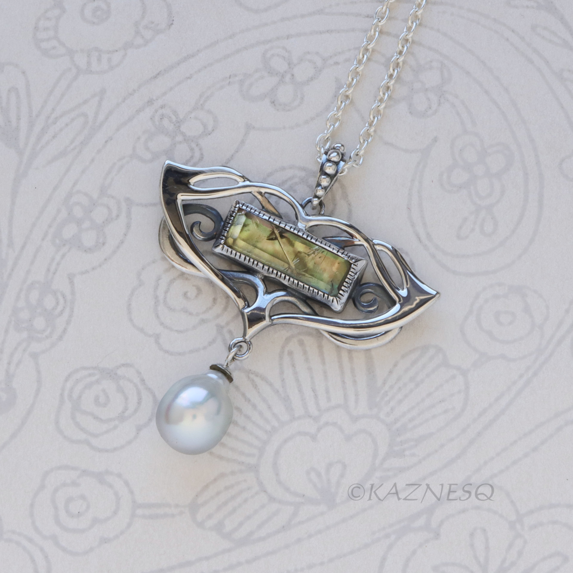 Vintage-Style Art Nouveau Silver Necklace with Rutilated Quartz and Baroque Pearl drop 