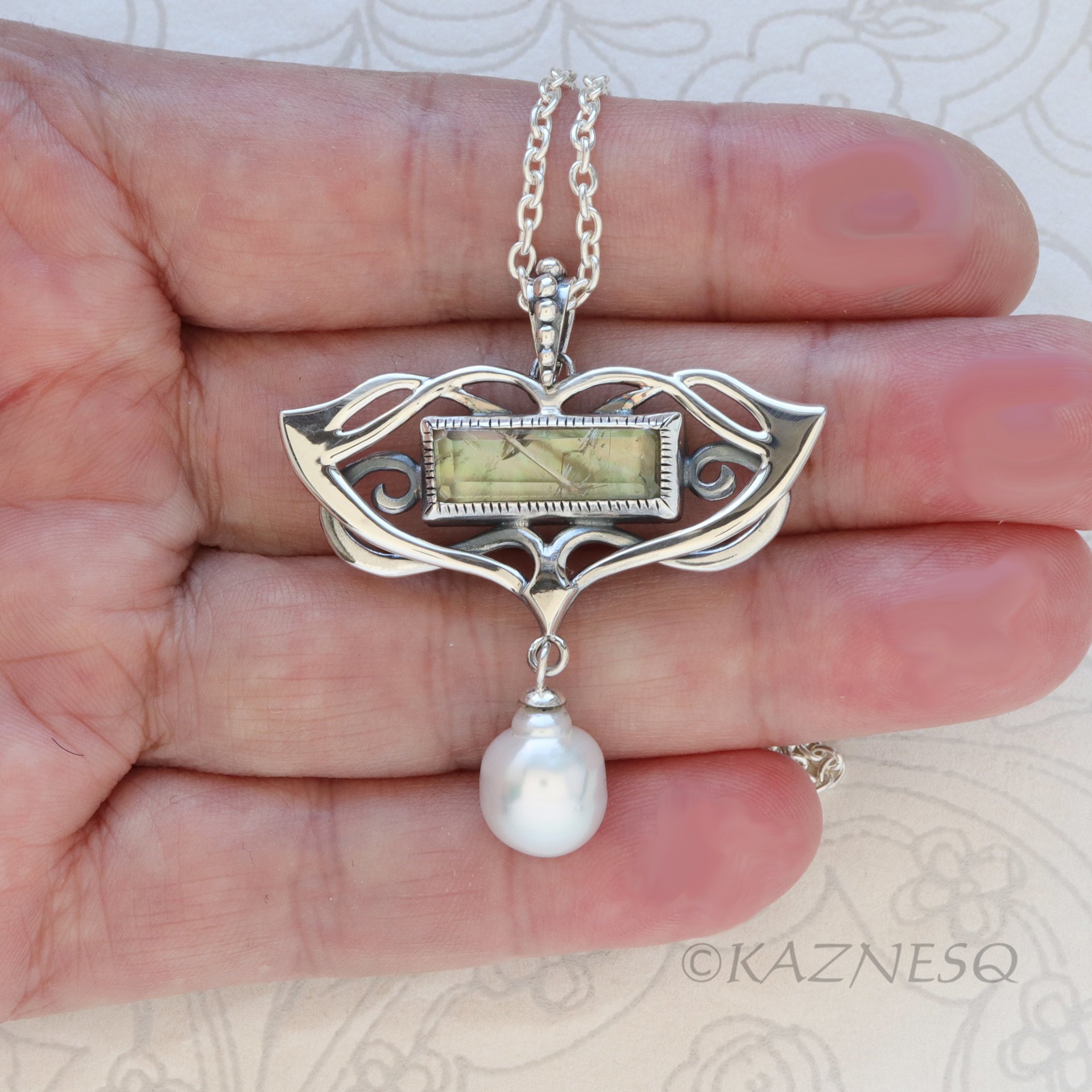 Vintage-Style Art Nouveau Silver Necklace with Rutilated Quartz and Baroque Pearl drop 