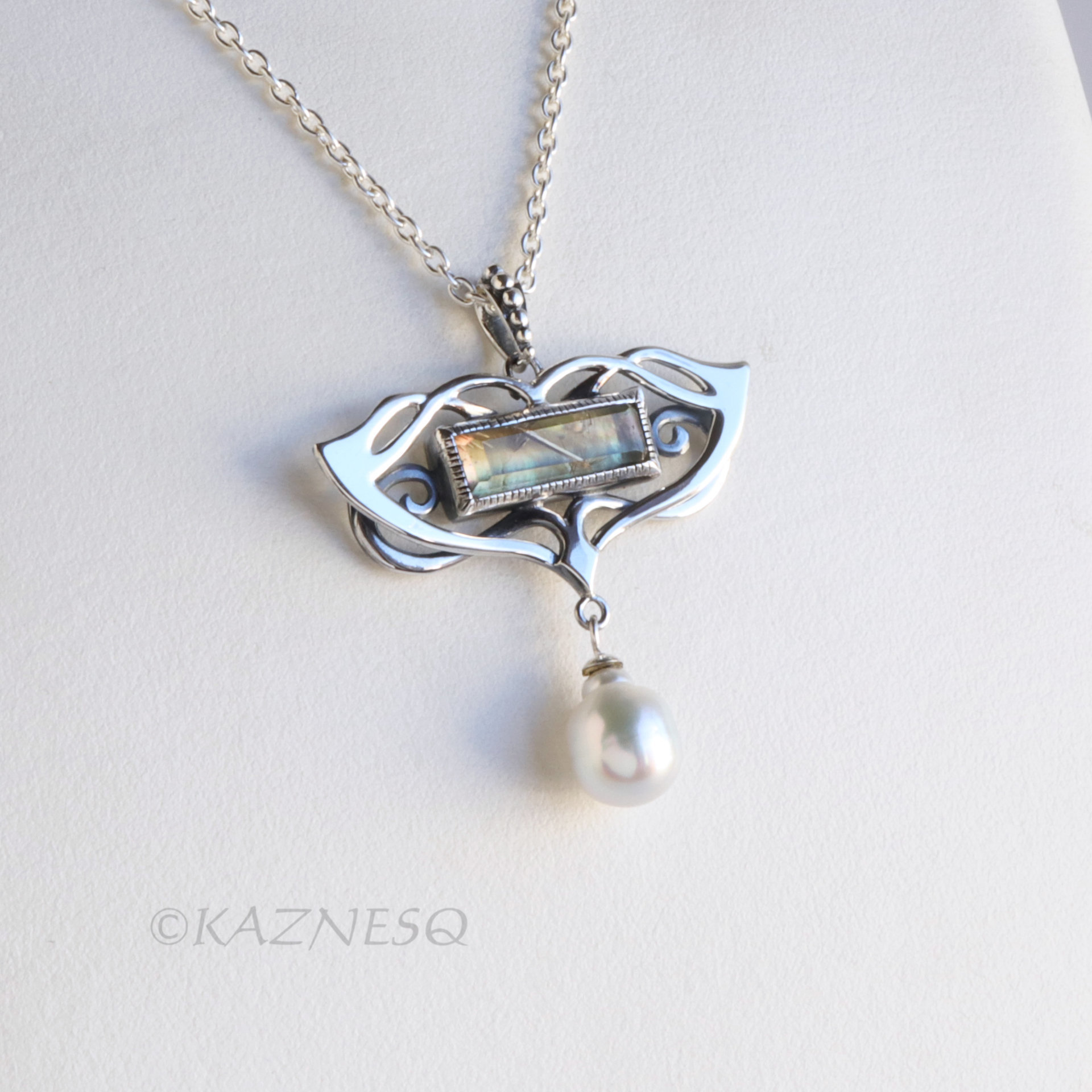 Vintage-Style Art Nouveau Silver Necklace with Rutilated Quartz and Baroque Pearl drop 