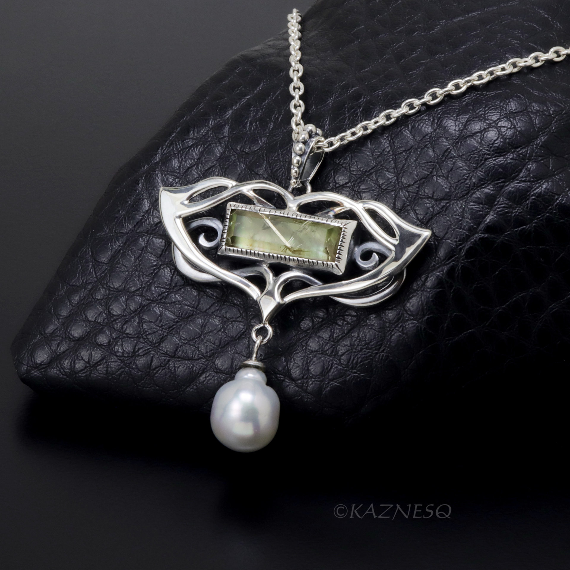 Vintage-Style Art Nouveau Silver Necklace with Rutilated Quartz and Baroque Pearl drop 