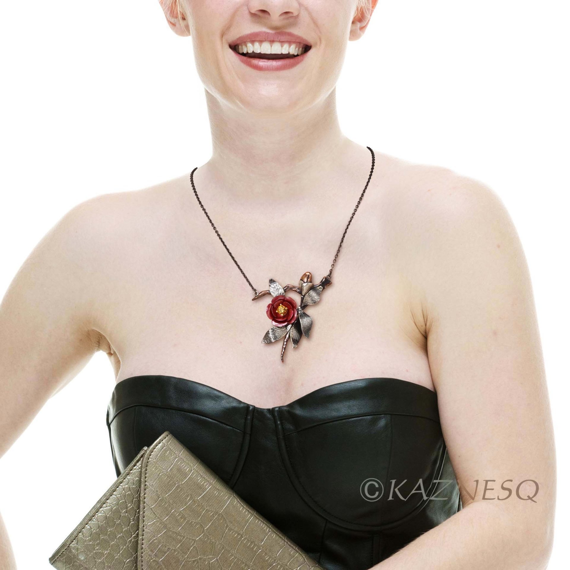 Japanese Red Camellia Pendant - Oxidized Silver & Red Copper with Golden Citrine