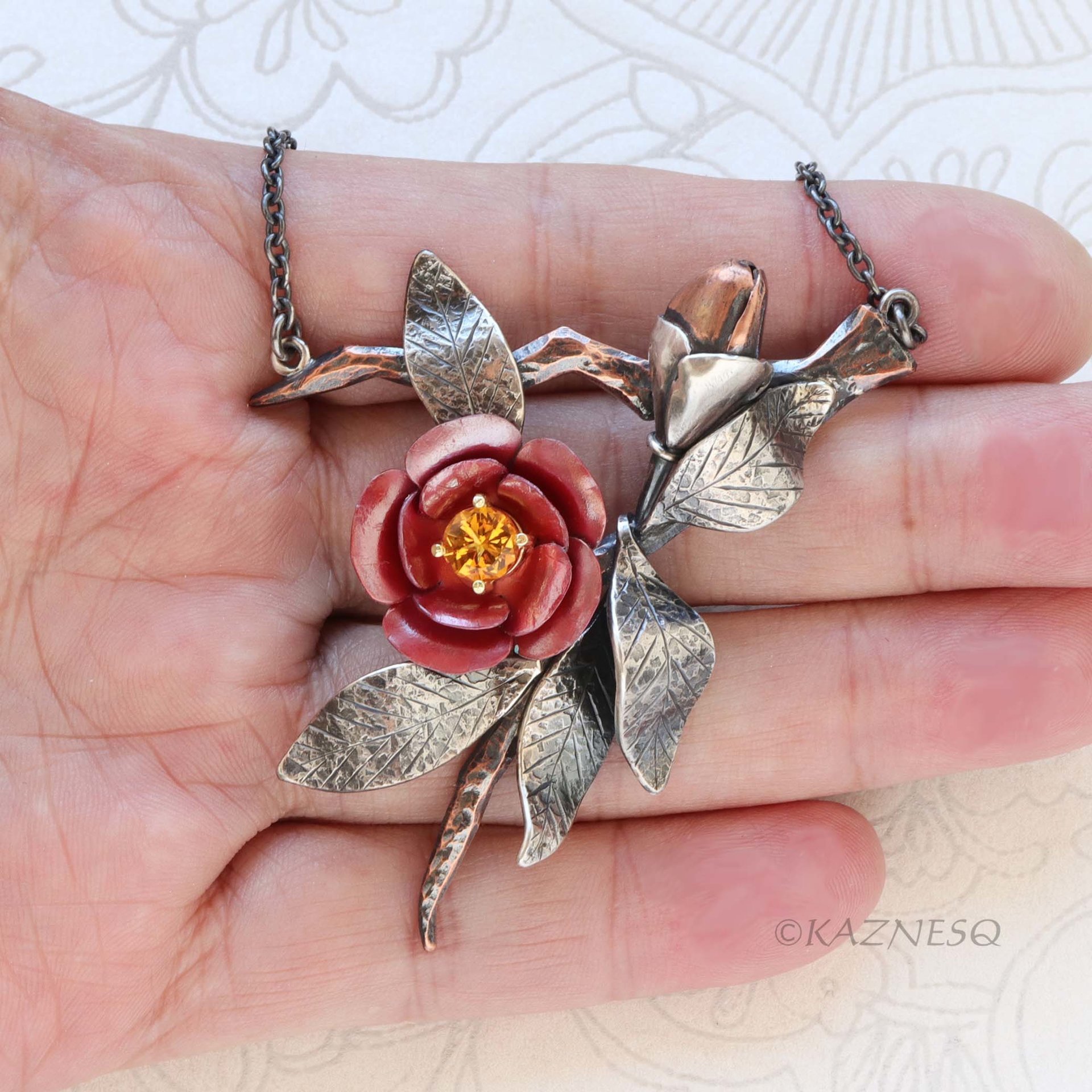 Japanese Red Camellia Pendant - Oxidized Silver & Red Copper with Golden Citrine
