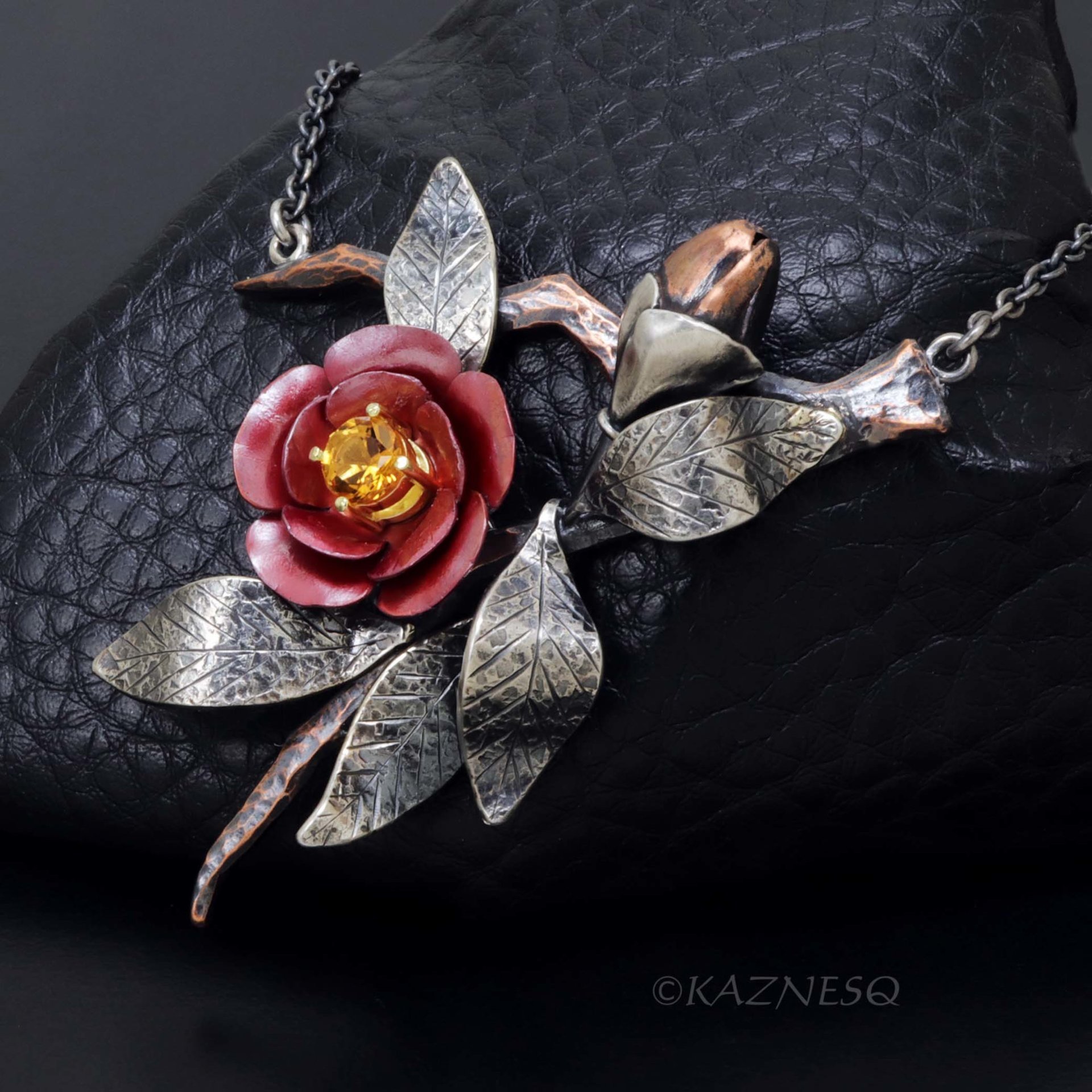 Japanese Red Camellia Pendant - Oxidized Silver & Red Copper with Golden Citrine