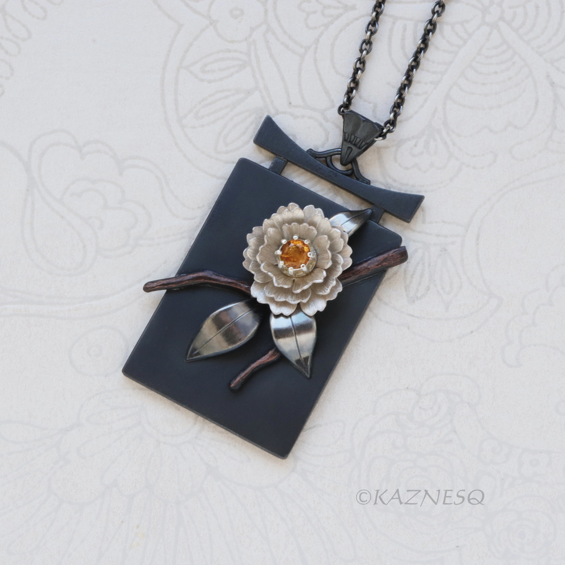 Sculptural White Camellia with Citrine, Oxidized and Matte White Silver Pendant Necklace