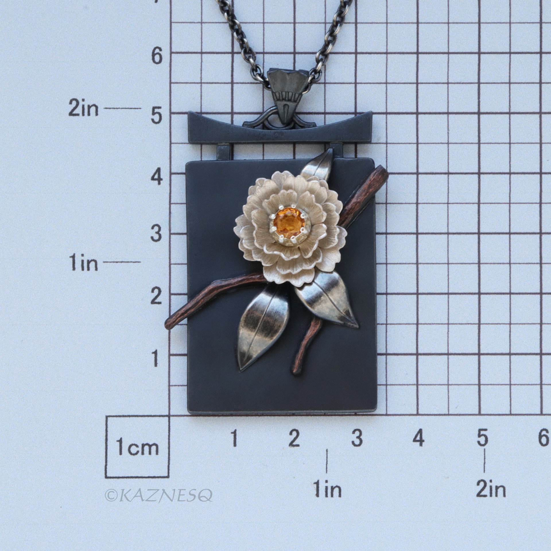 Sculptural White Camellia with Citrine, Oxidized and Matte White Silver Pendant Necklace
