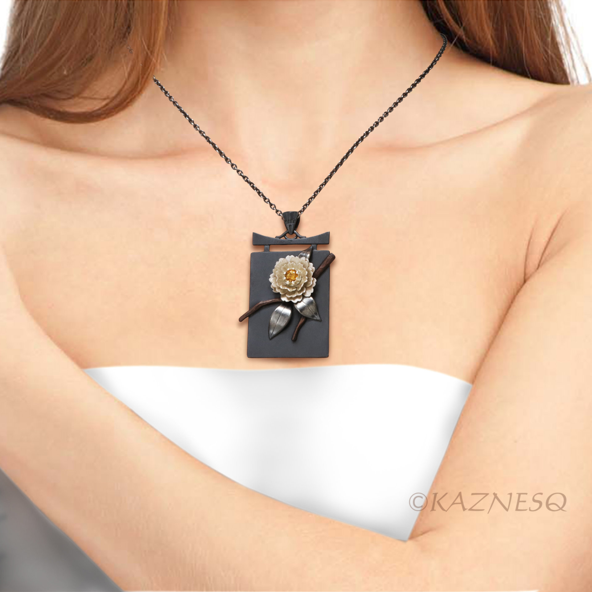 Sculptural White Camellia with Citrine, Oxidized and Matte White Silver Pendant Necklace