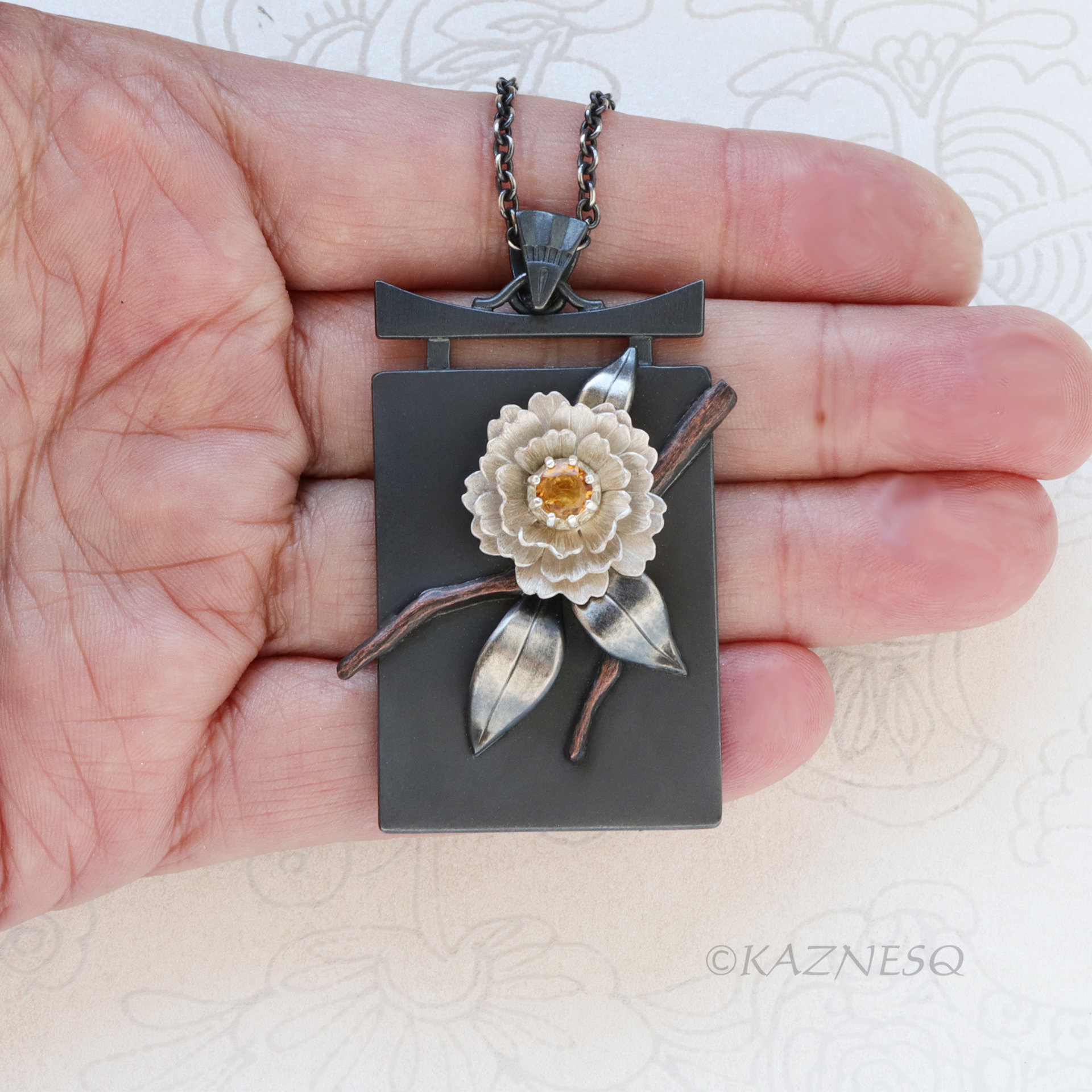 Sculptural White Camellia with Citrine, Oxidized and Matte White Silver Pendant Necklace