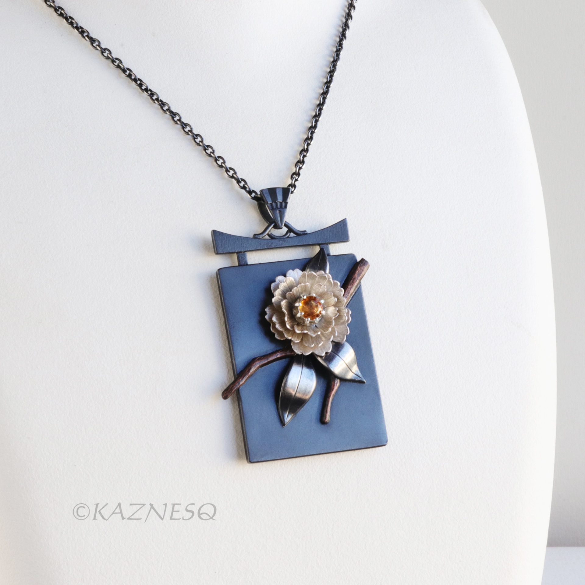 Sculptural White Camellia with Citrine, Oxidized and Matte White Silver Pendant Necklace