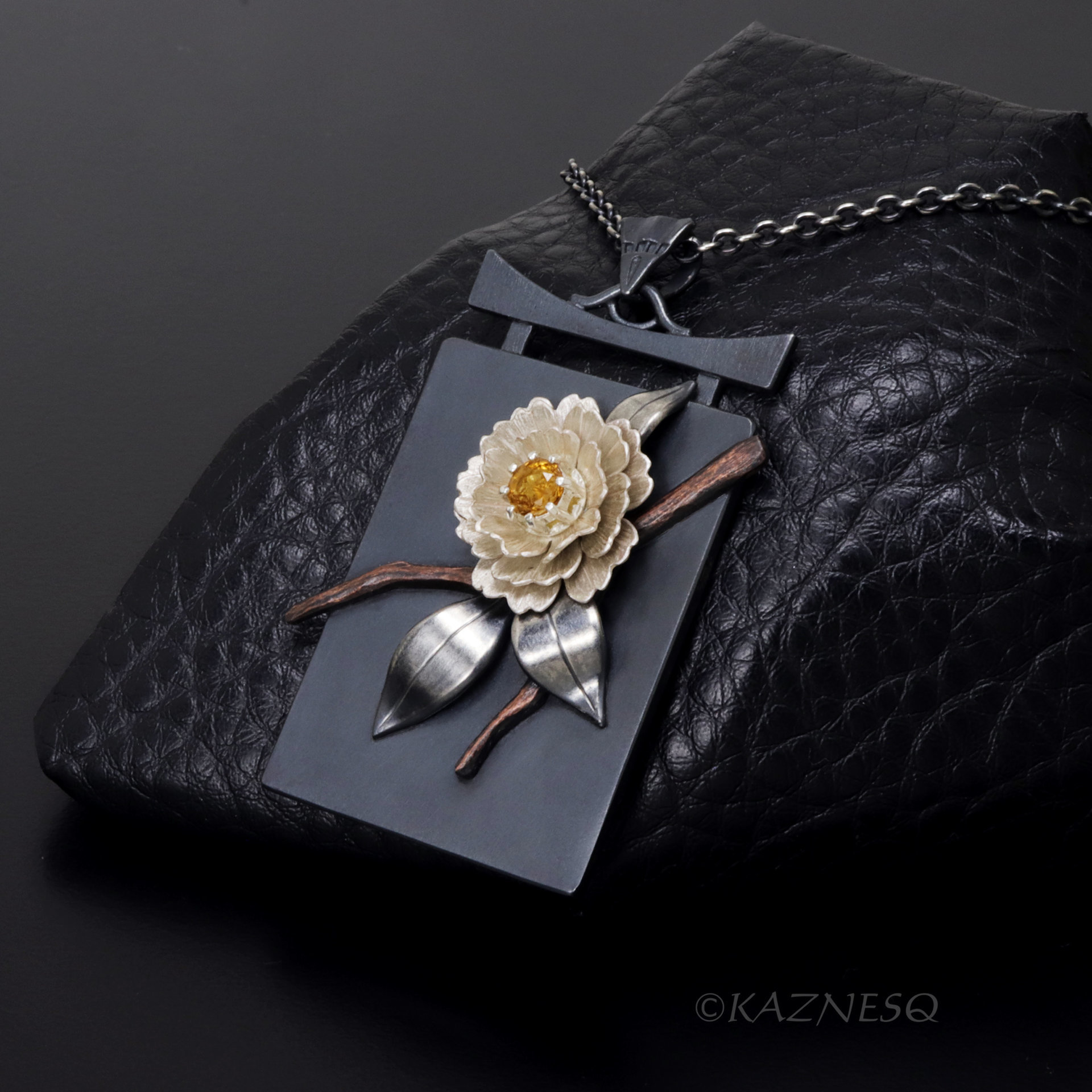 Sculptural White Camellia with Citrine, Oxidized and Matte White Silver Pendant Necklace