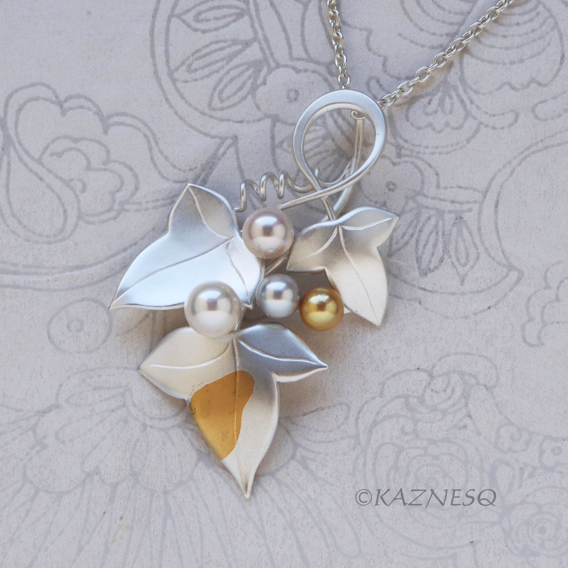 Handcrafted Grape Leaf Pendant - Matte Silver with Keum Boo and Colorful Akoya Pearls