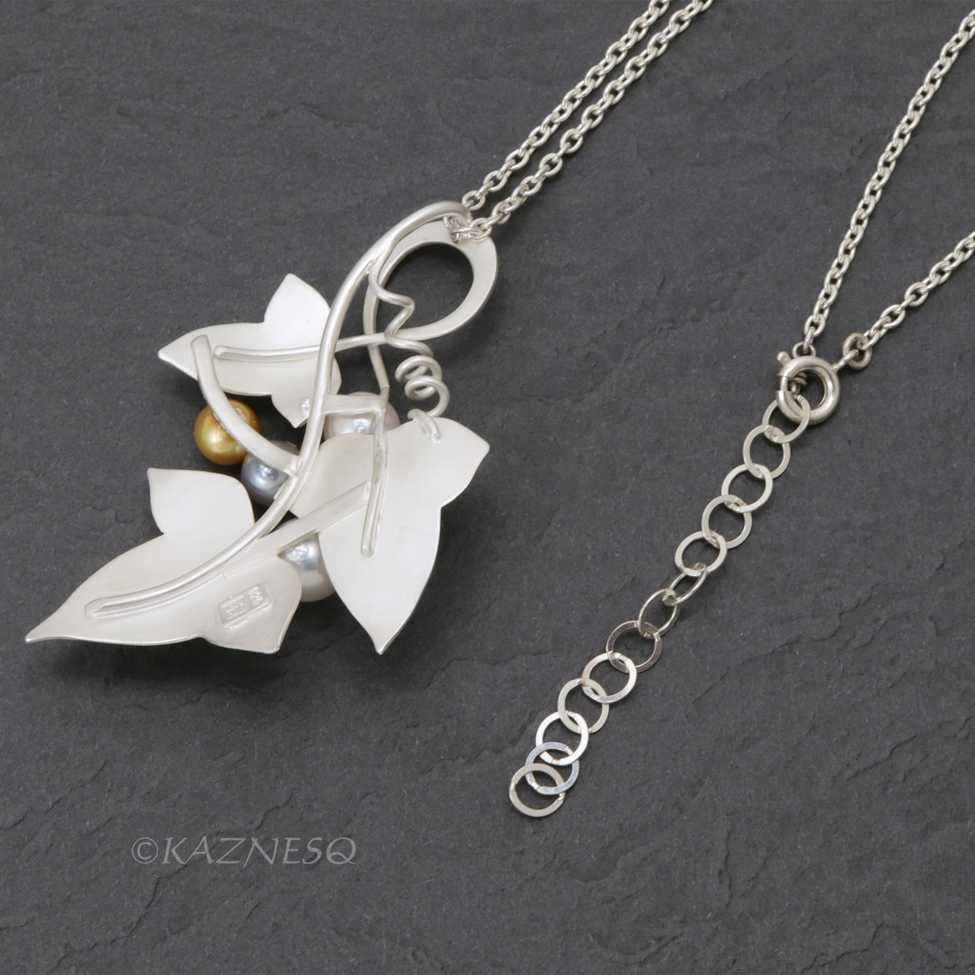 Handcrafted Grape Leaf Pendant - Matte Silver with Keum Boo and Colorful Akoya Pearls