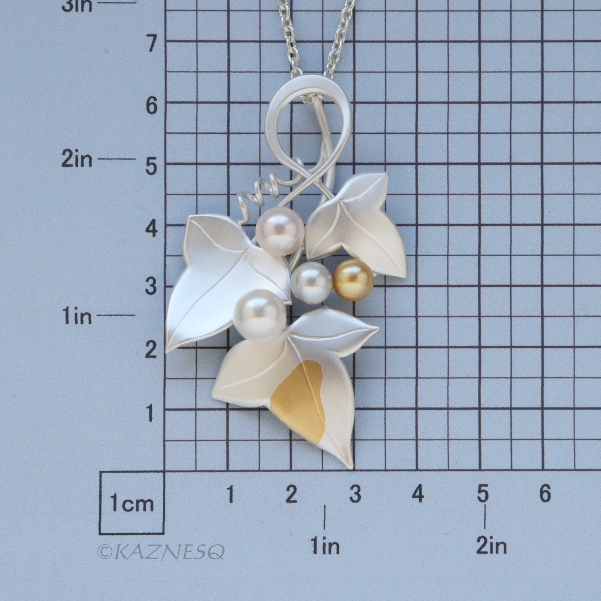 Handcrafted Grape Leaf Pendant - Matte Silver with Keum Boo and Colorful Akoya Pearls